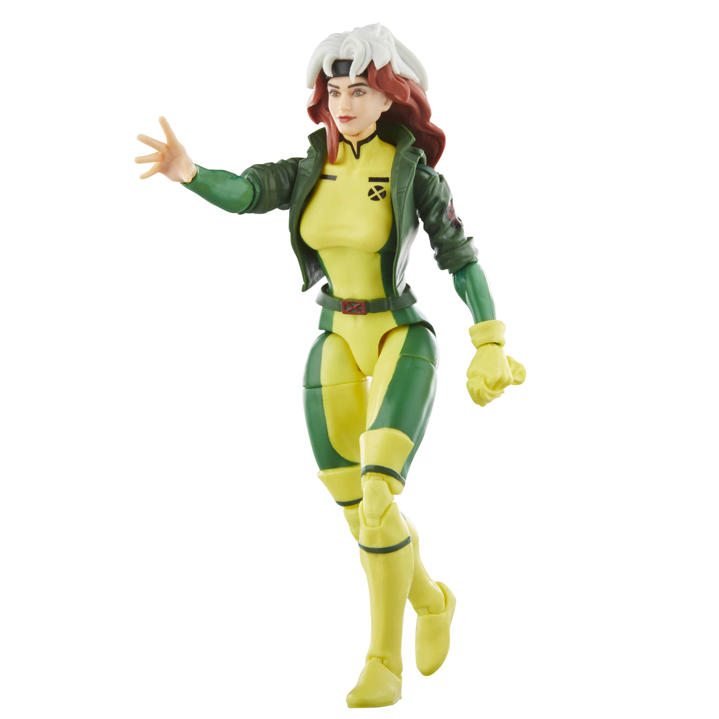 Figura de acción de Rogue con traje amarillo y verde, mano extendida.