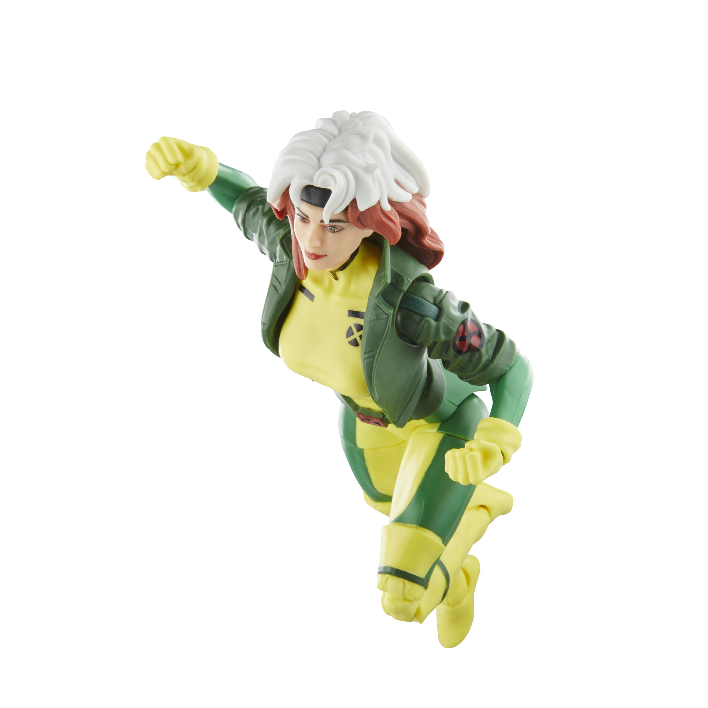 Figura de acción de Rogue con atuendo amarillo y verde, en pose en el aire.