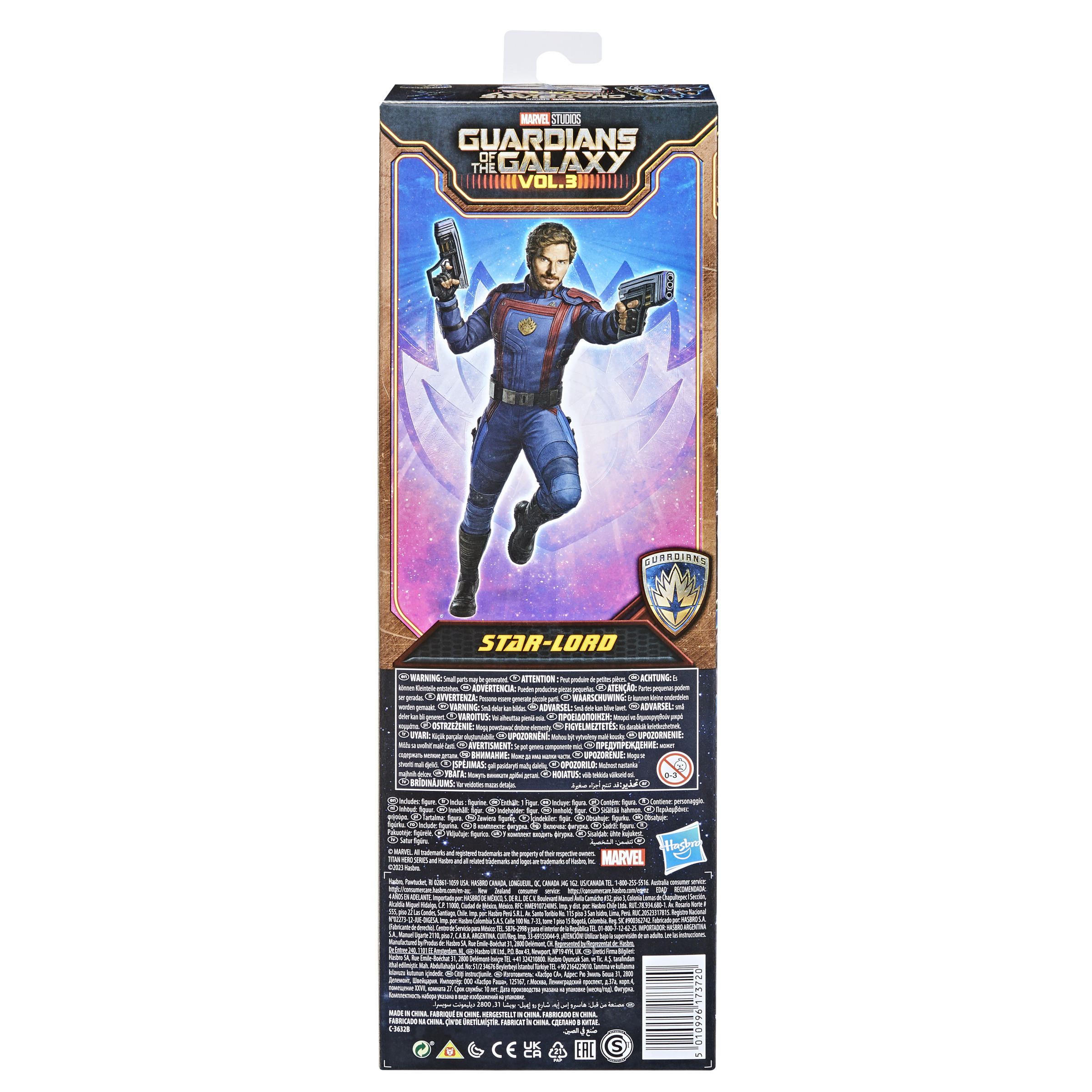 Figurka Star-Lorda na pudełku, trzymająca dwa pistolety, na białym tle z tekstem.