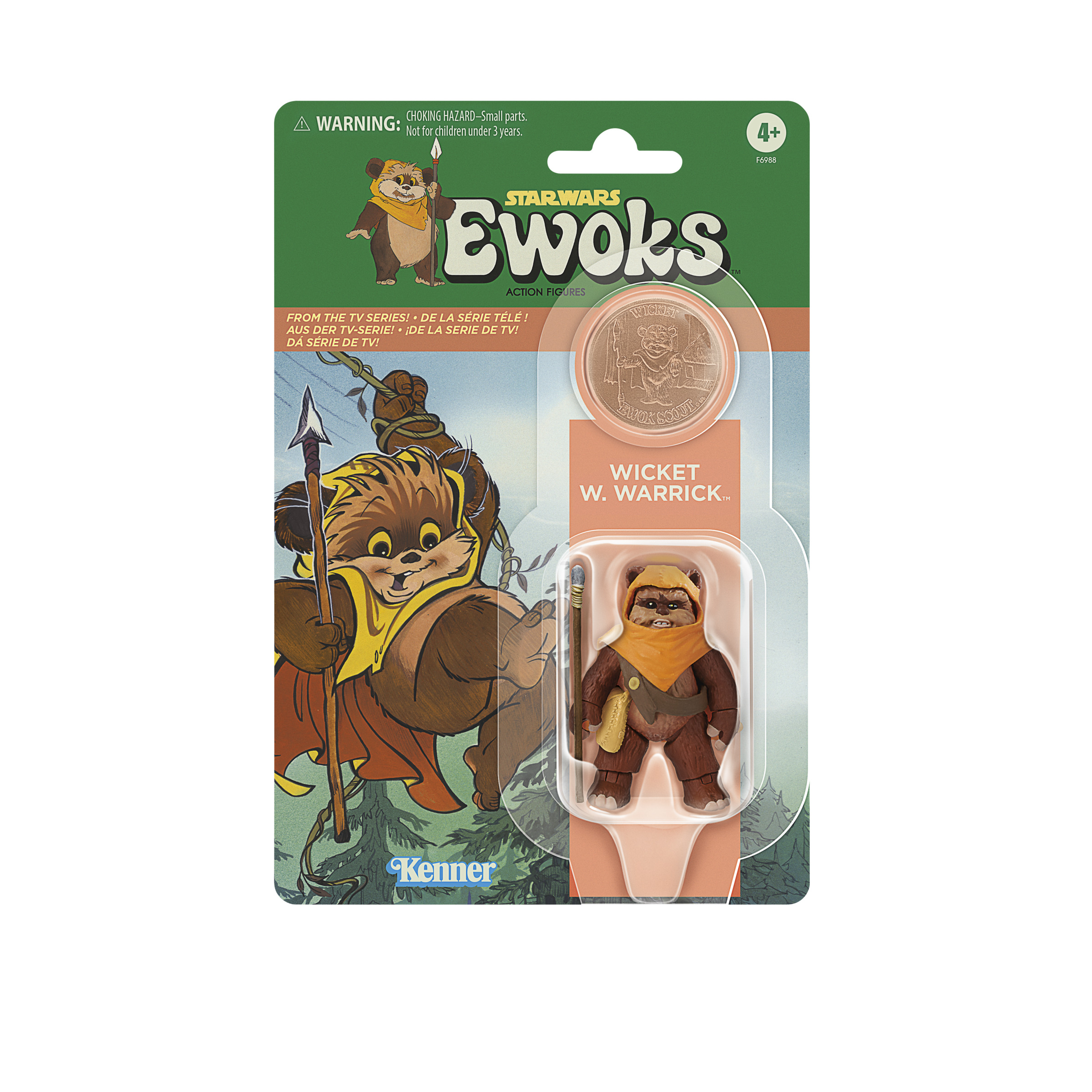 Figurka Wicket W. Warrick w opakowaniu. Niedźwiedziopodobne stworzenie z laską, otoczone zielenią.