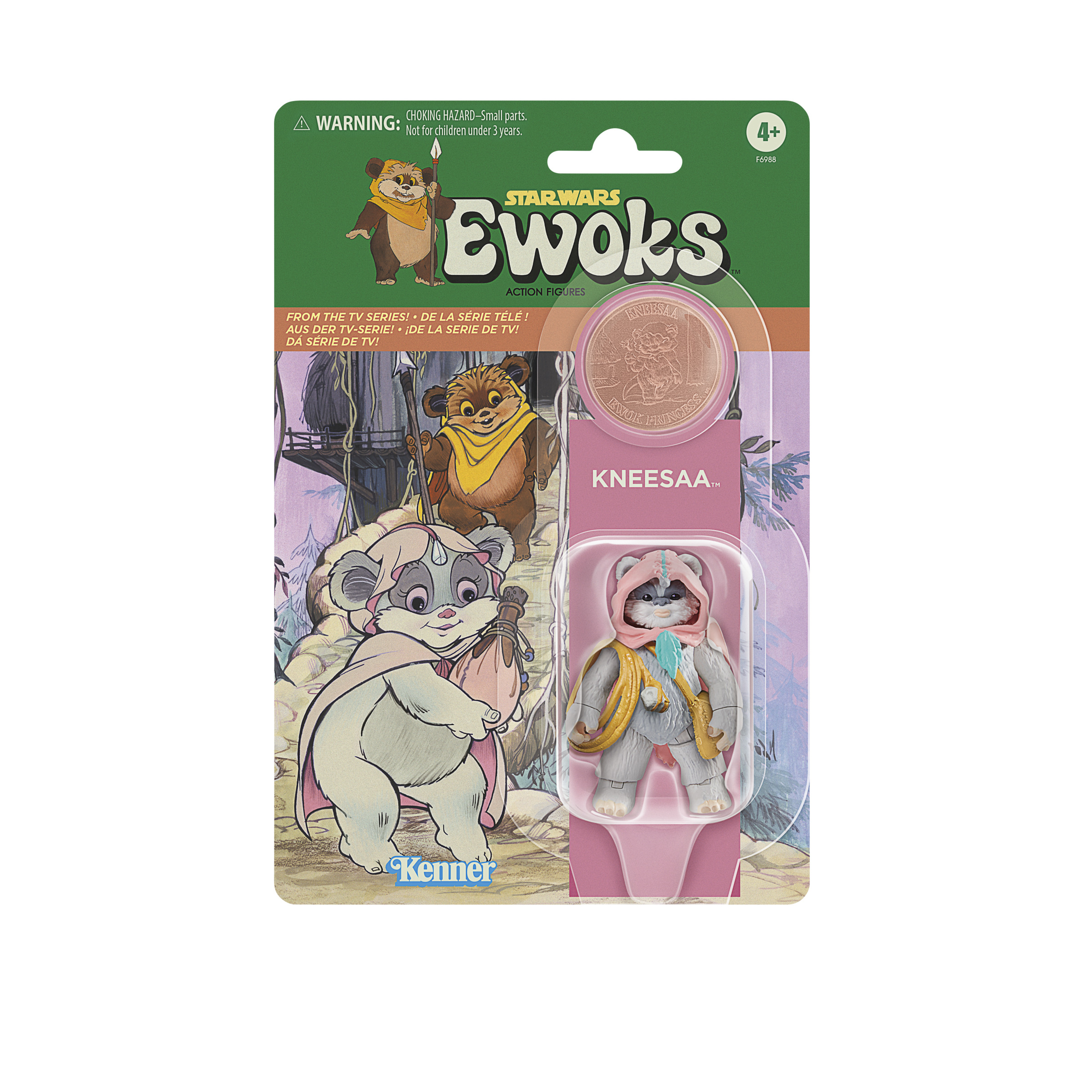 Opakowanie figurki akcji Star Wars Ewoks, z Kneesaa. Opakowanie jest różowe z wizerunkami postaci.