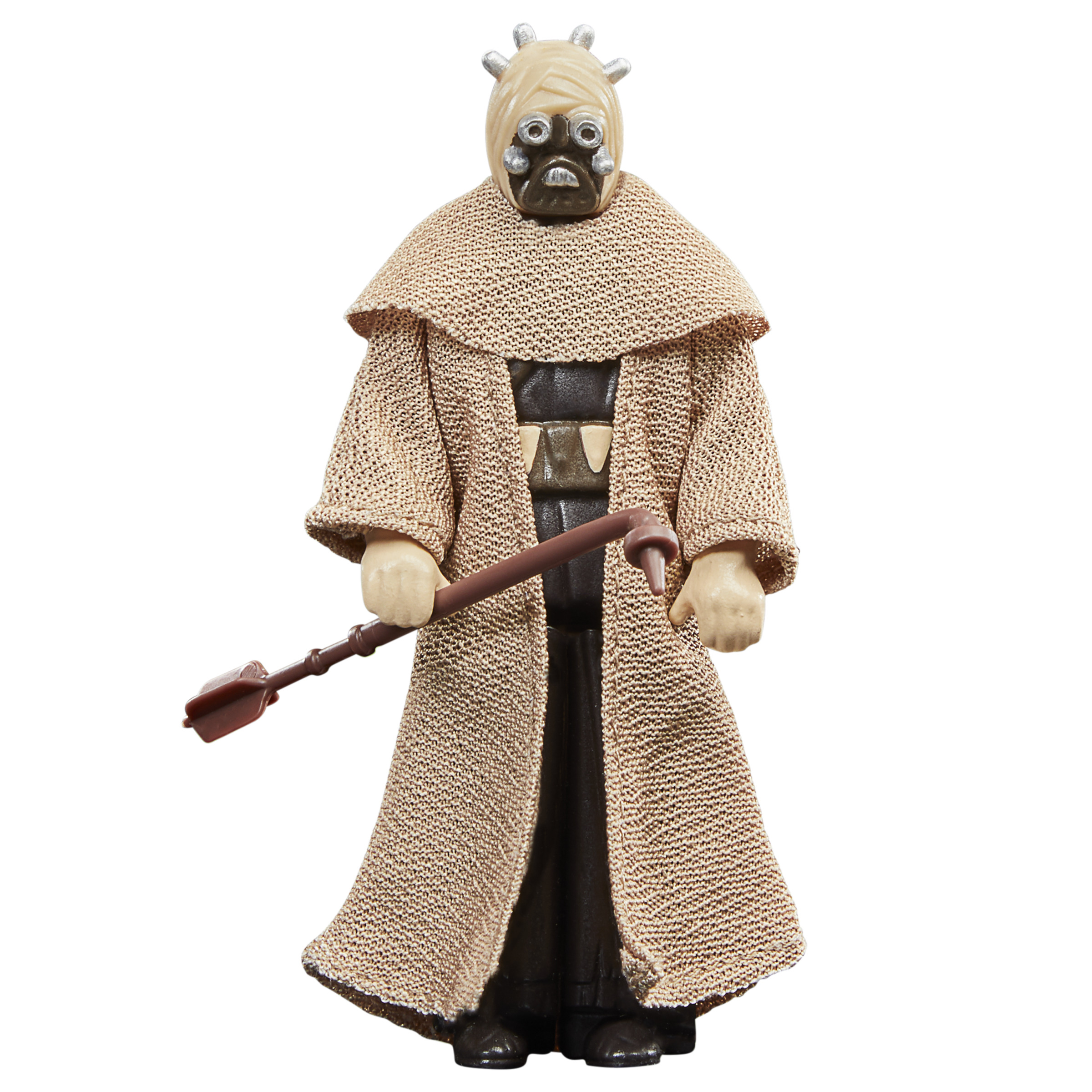 Figura de Star Wars. Una figura con túnica marrón, sosteniendo un bastón. Un rostro enmascarado distintivo.