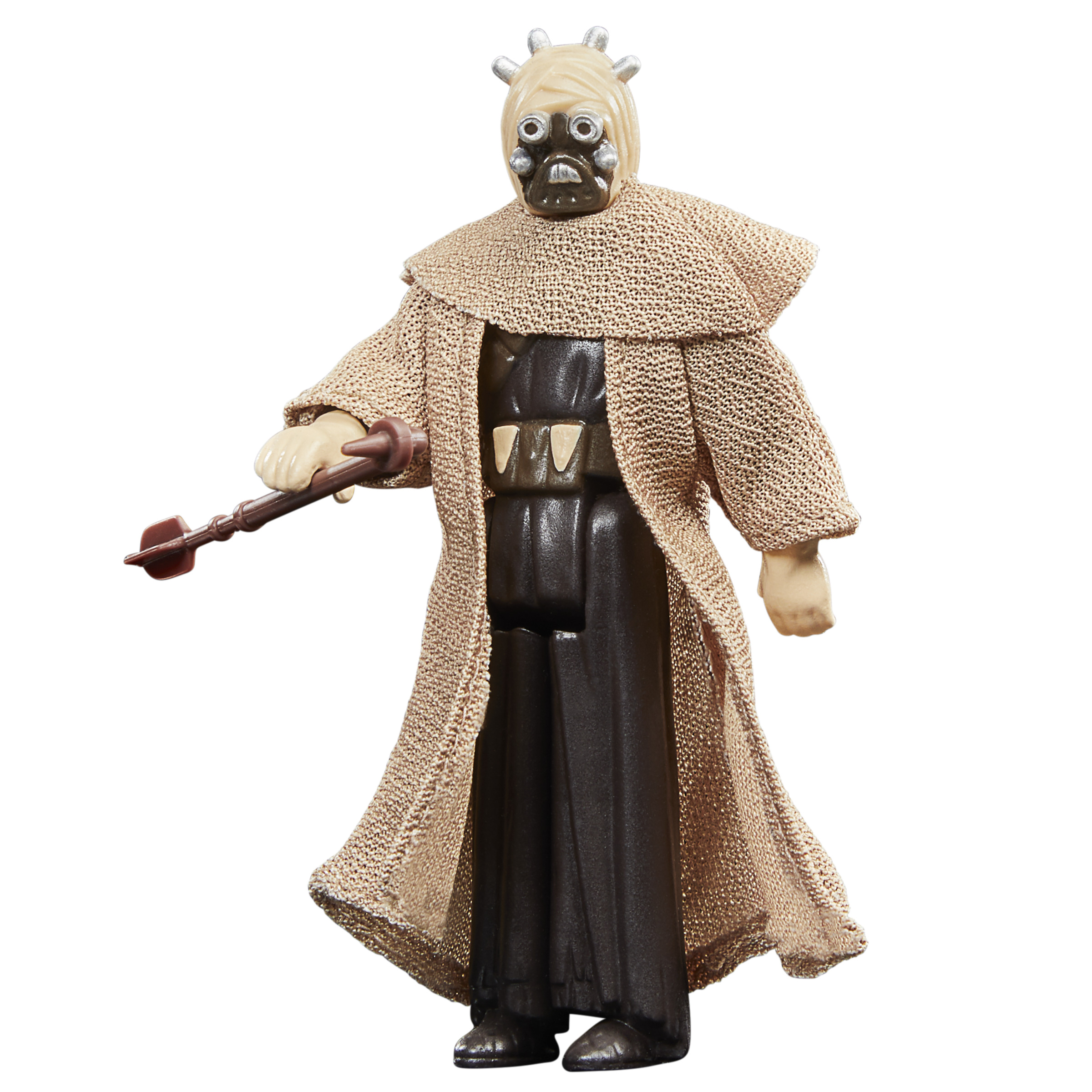 Figura de acción Tusken Raider con túnica y máscara marrón, sosteniendo un bastón.