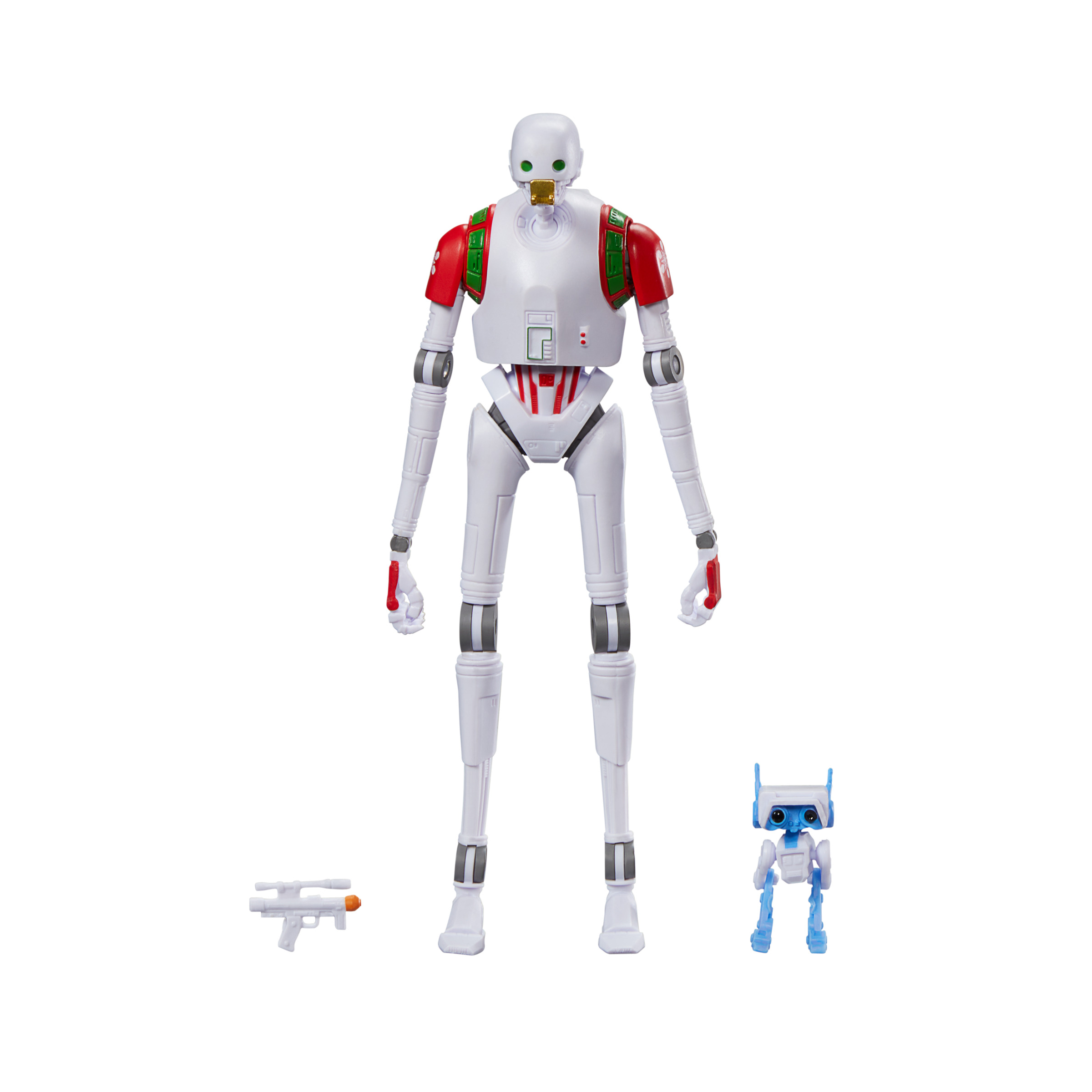 Una figura de robot blanco con accesorios. Tiene detalles rojos y verdes. Dos figuras pequeñas.