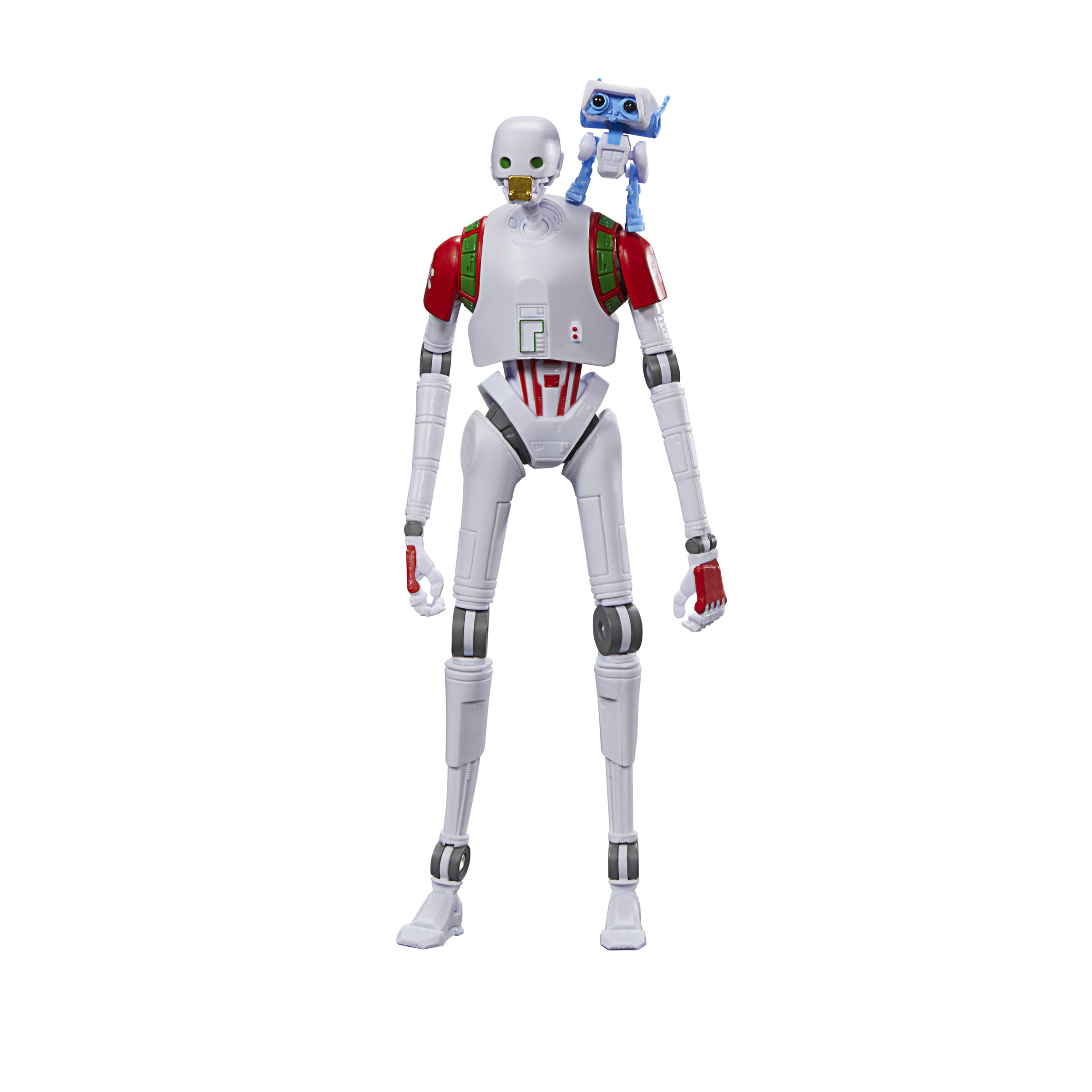 Una figura de acción del robot K-2SO de Star Wars con un droide azul en su hombro.