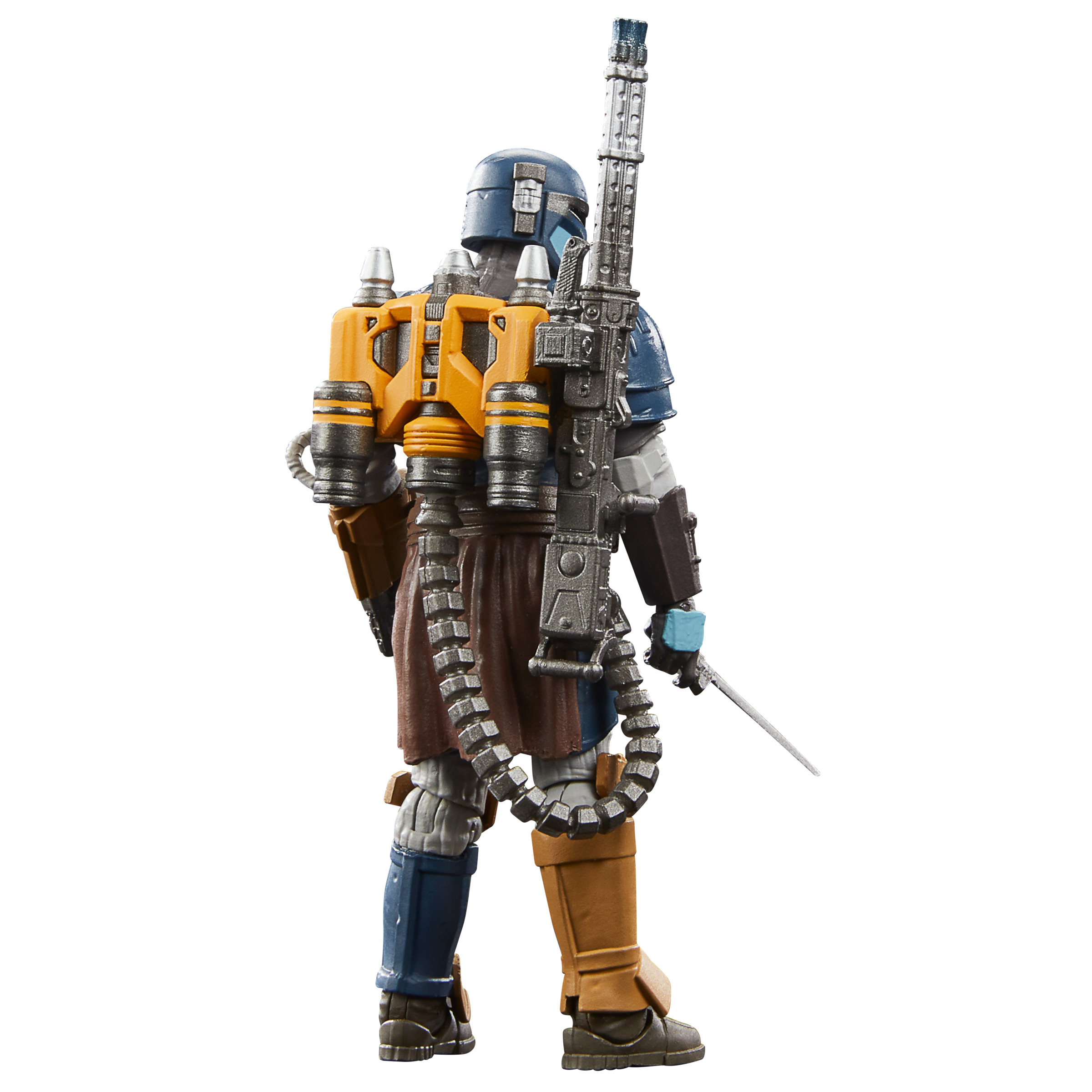 Figurka akcji z tyłu, w niebieskiej, brązowej i pomarańczowej zbroi, trzymająca dużą broń i nóż.