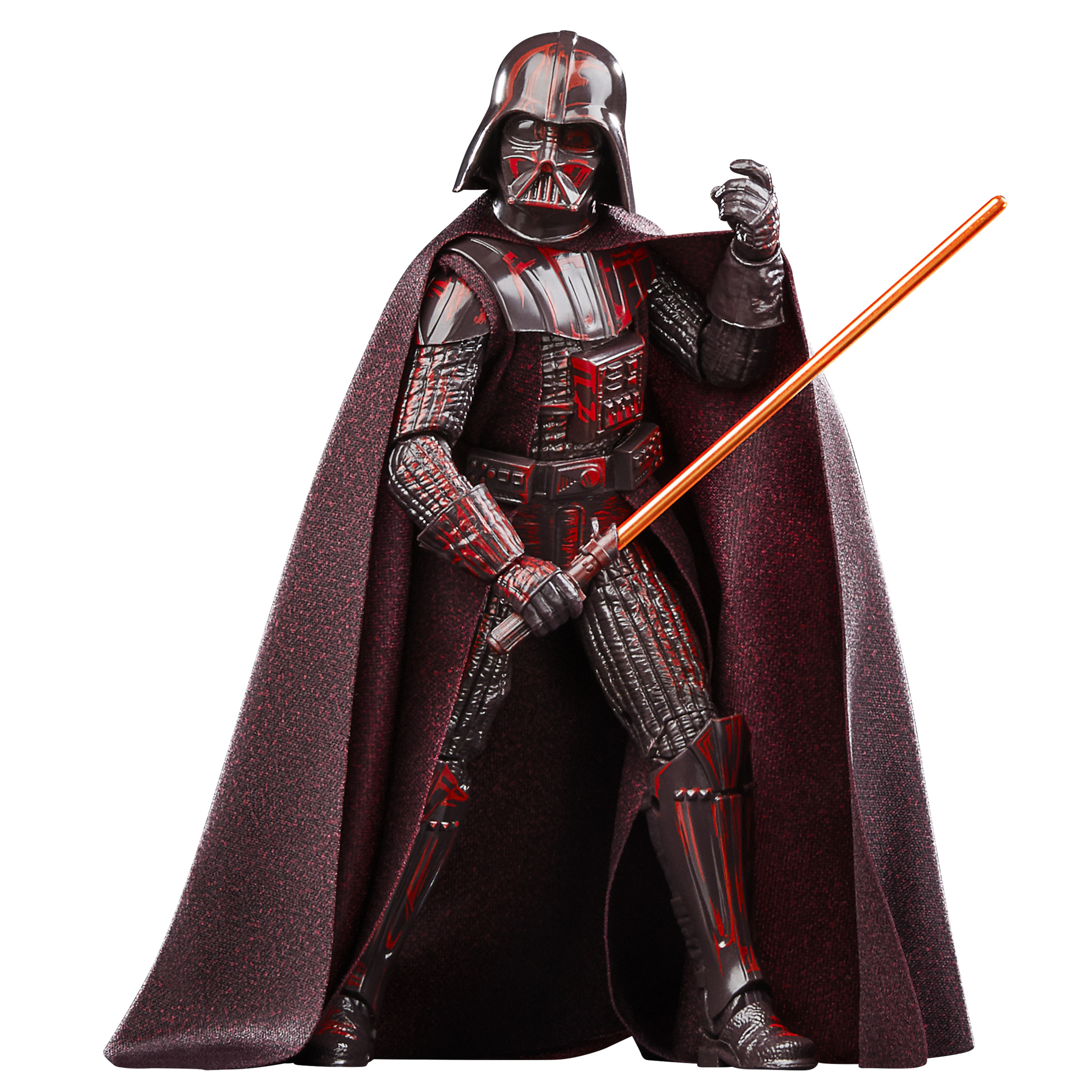 Figura de Darth Vader con armadura y capa negra, sosteniendo un sable de luz naranja, sobre fondo blanco.