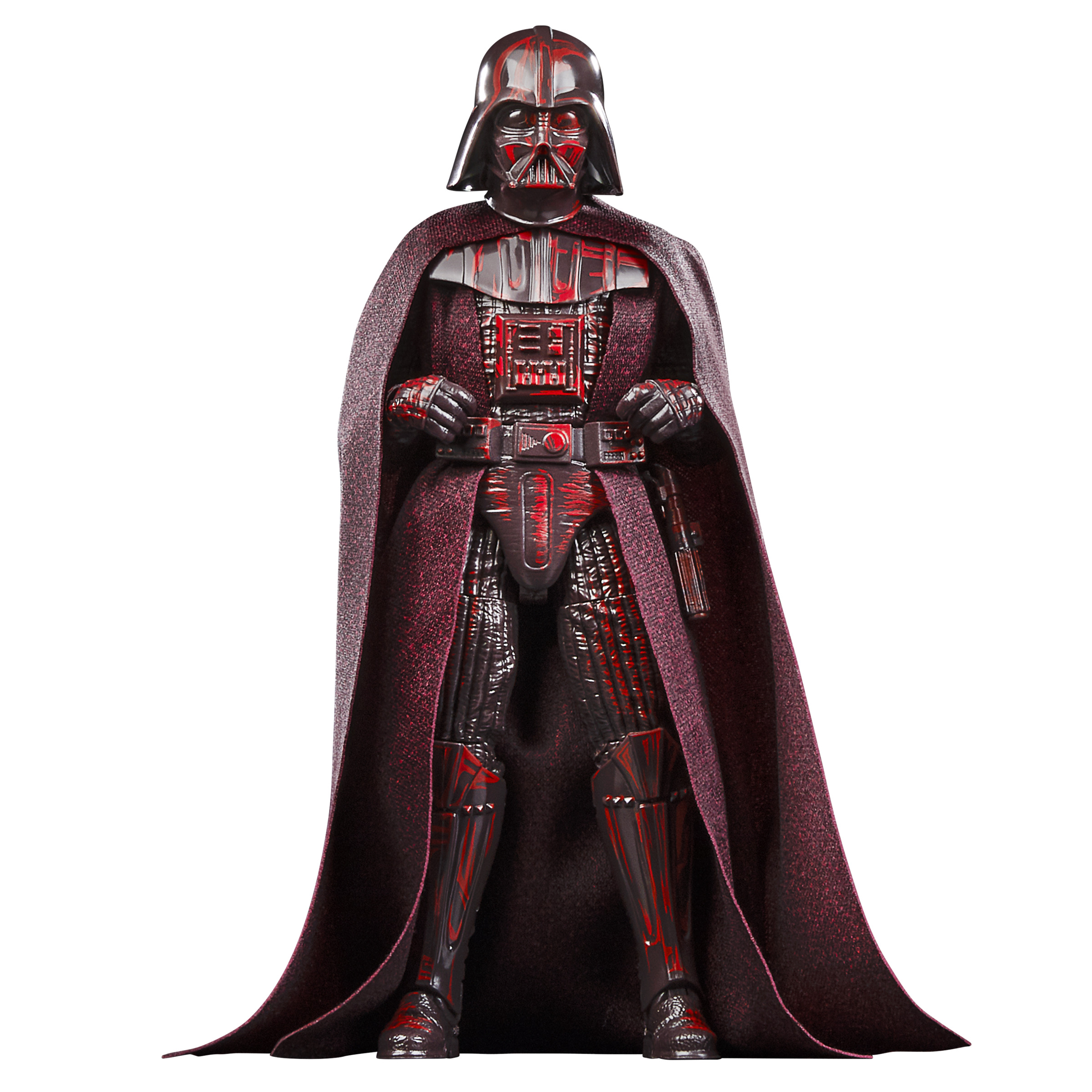 Figura de acción de Darth Vader. Casco negro, armadura y capa rojas y negras. De pie sobre fondo blanco.