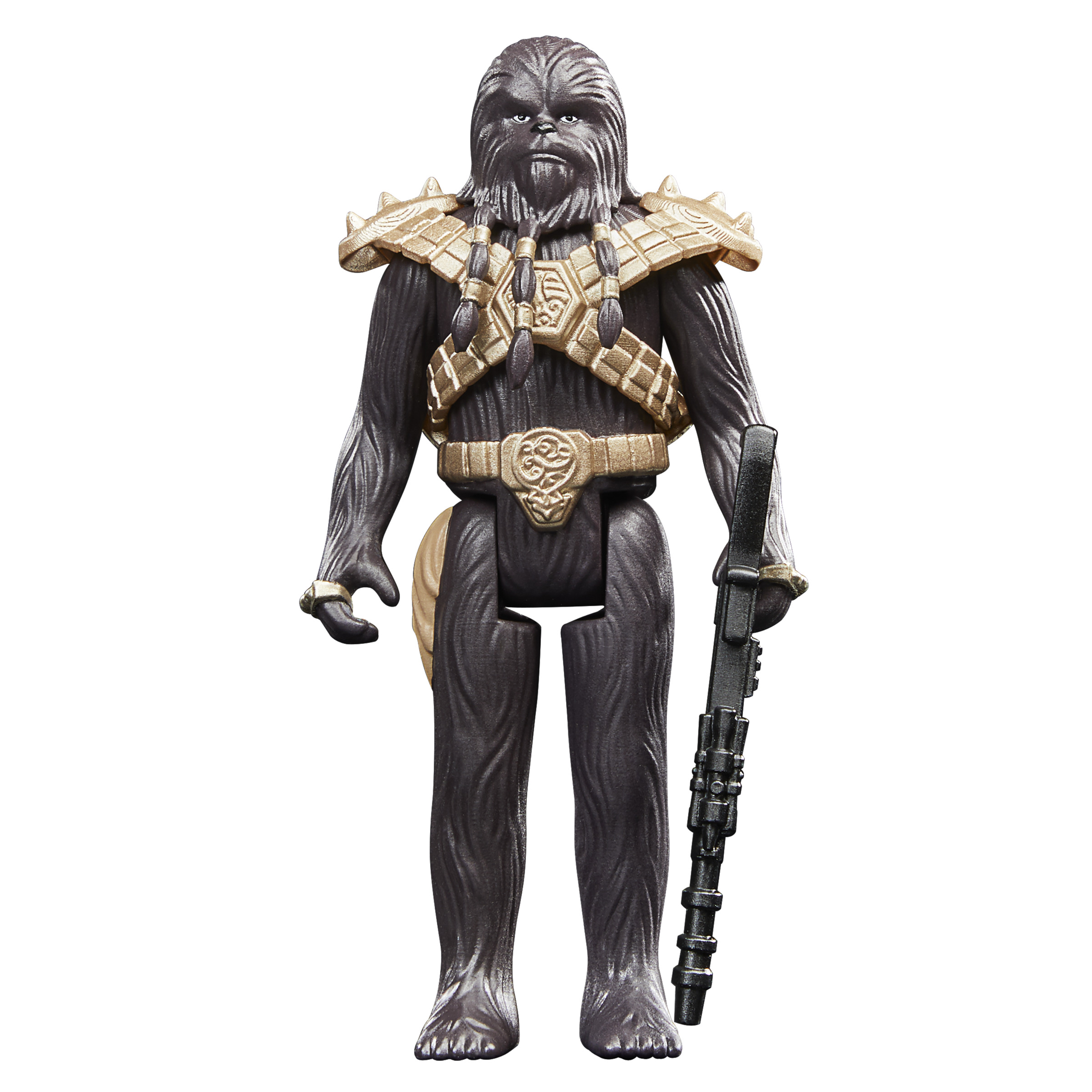 Figura de acción de Chewbacca con rifle. Pelo marrón, armadura dorada en los hombros y cinturón. Fondo blanco.