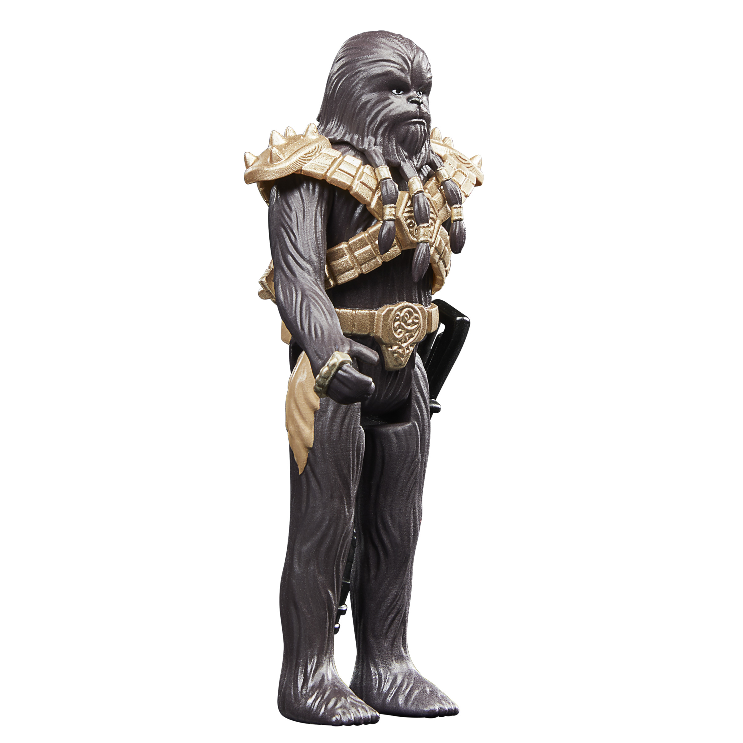 Figura de acción de Chewbacca. Piel gris oscuro, detalles dorados en la armadura y cinturón. Postura de pie.