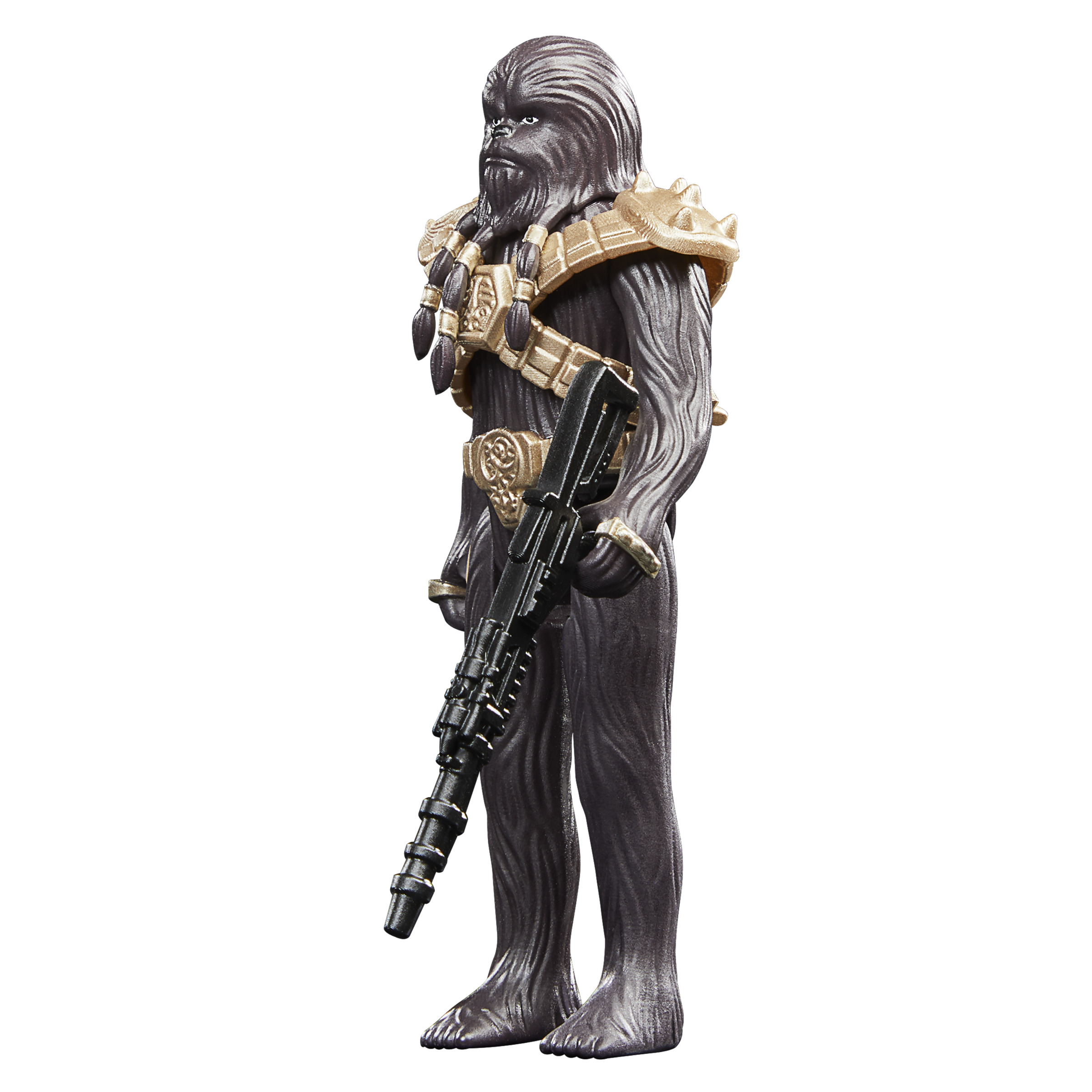 Figura de acción de Chewbacca, pelaje marrón oscuro, sosteniendo un rifle negro. Armadura de hombro bronceada visible.