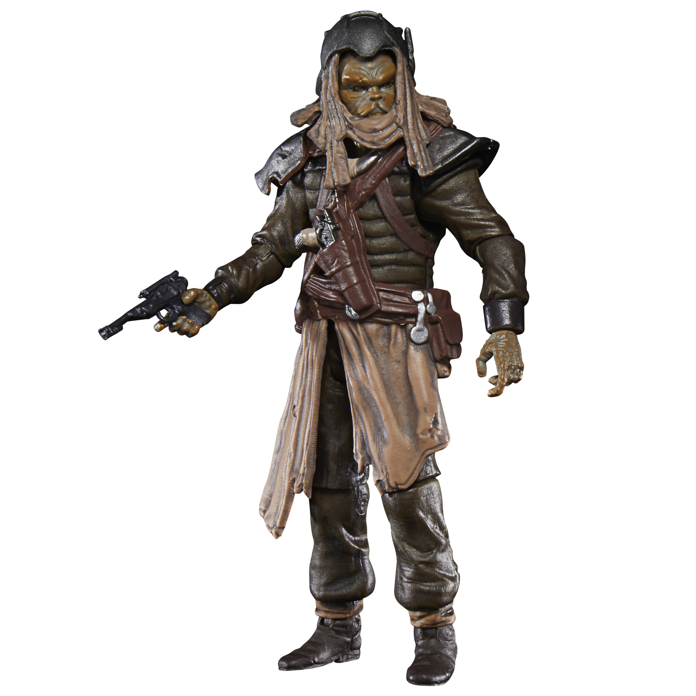 Bir Star Wars figürü. Kahverengi giyimli, silah tutan bir uzaylı. Arka plan beyaz. Figürün bir maskesi var.