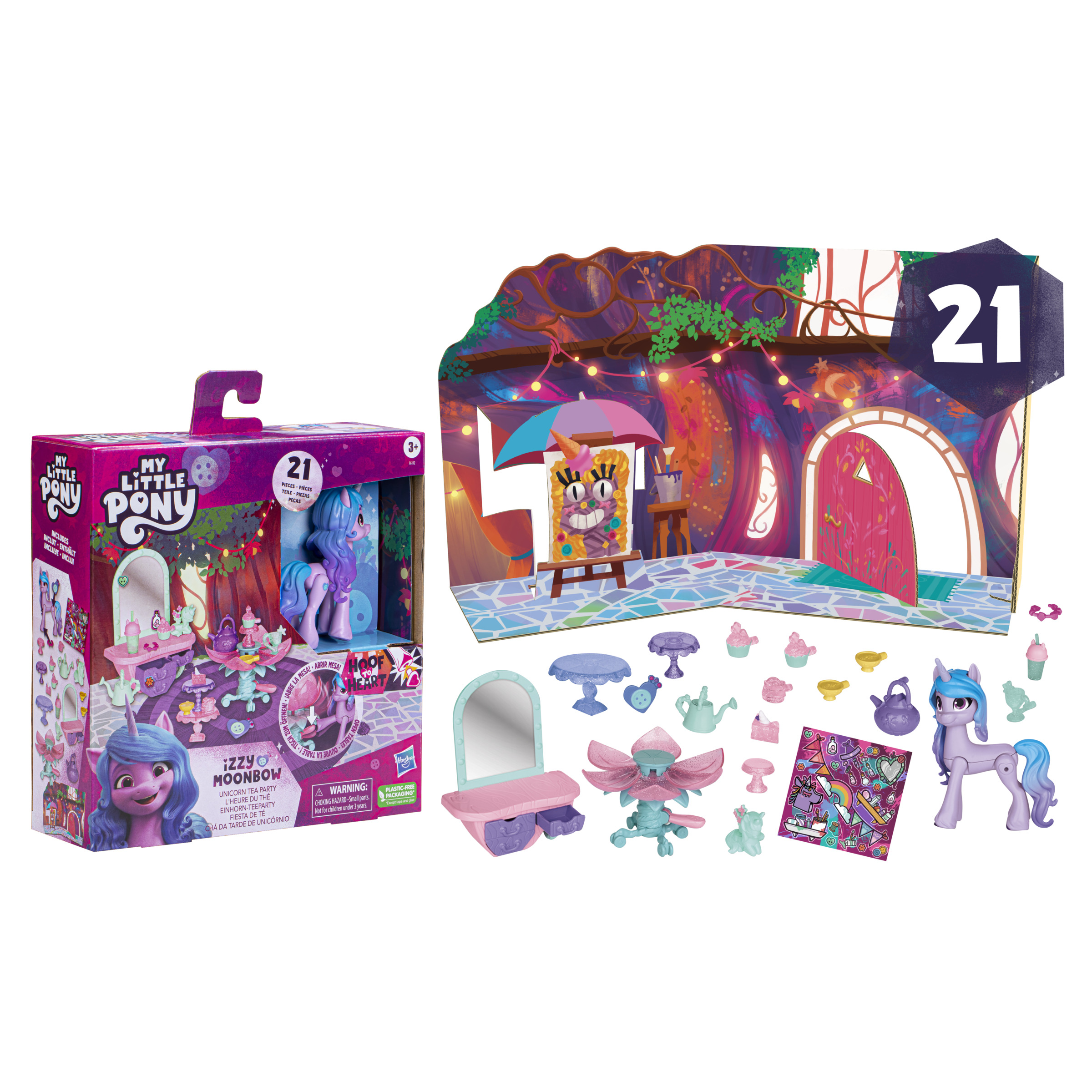 Zestaw zabawek My Little Pony z figurką kucyka, akcesoriami i kolorowym tłem pokoju.