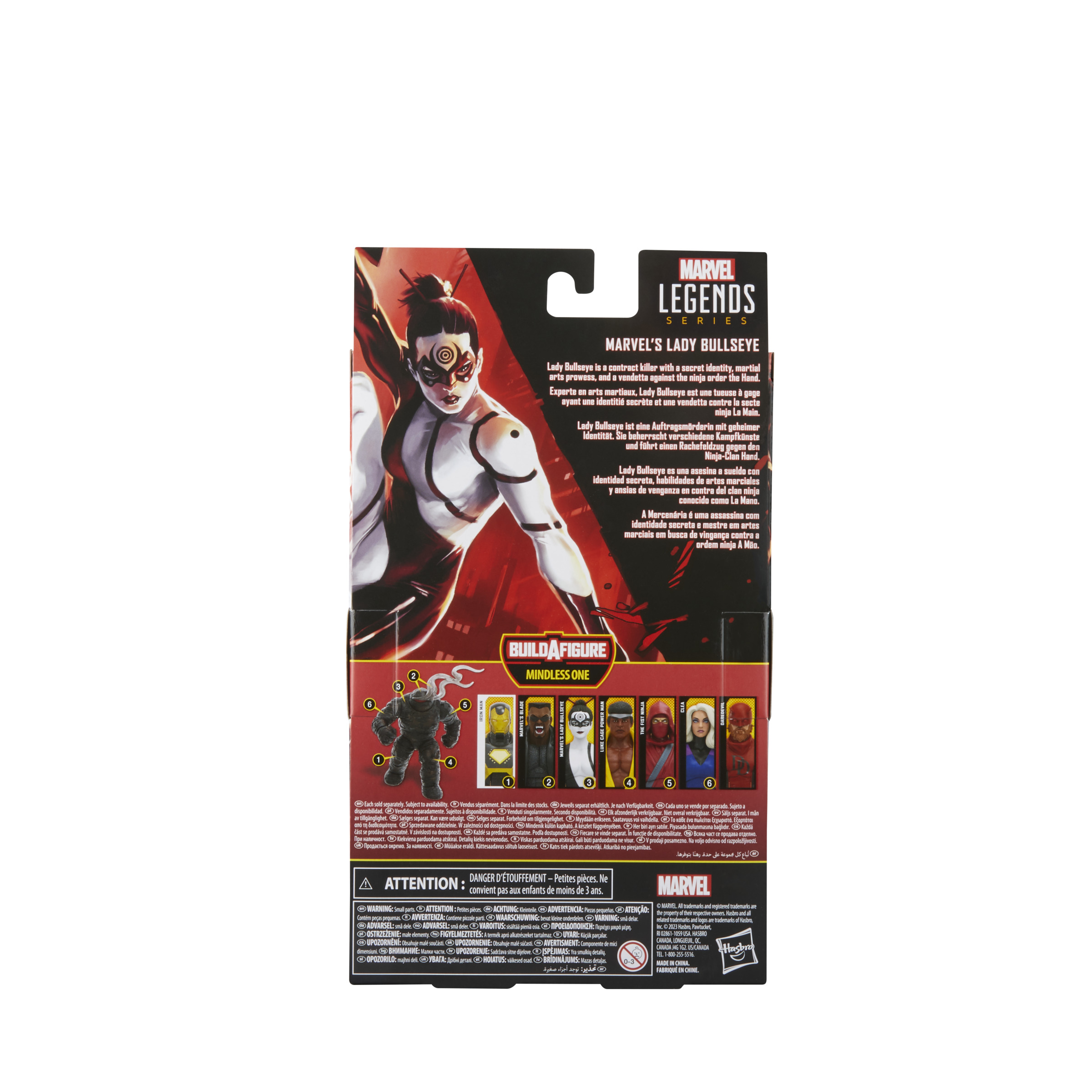 Parte trasera de la caja de la figura de acción Lady Bullseye de Marvel. Muestra la figura y otras partes.