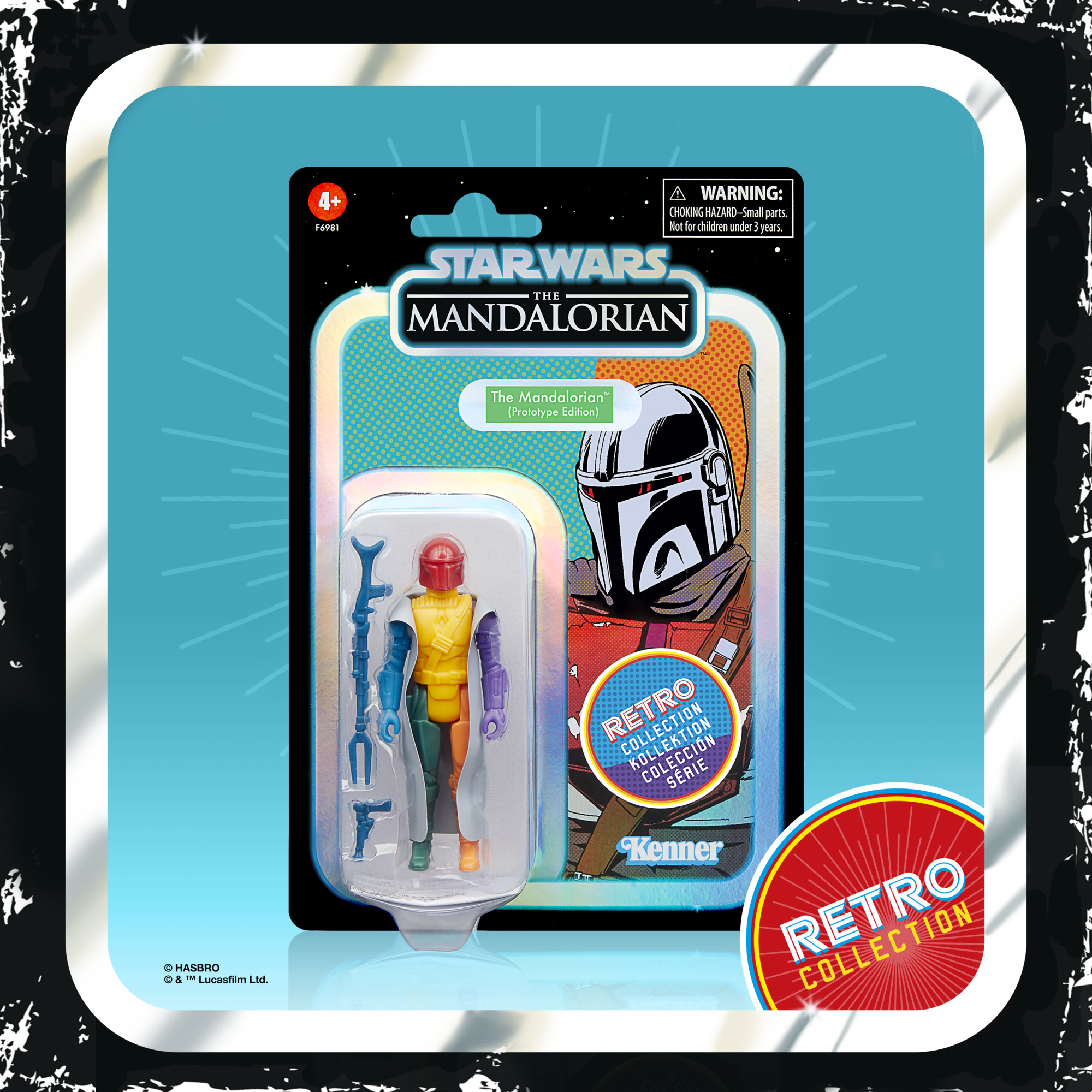 Star Wars Mandalorian figürü retro koleksiyon paketinde. Figür renkli.