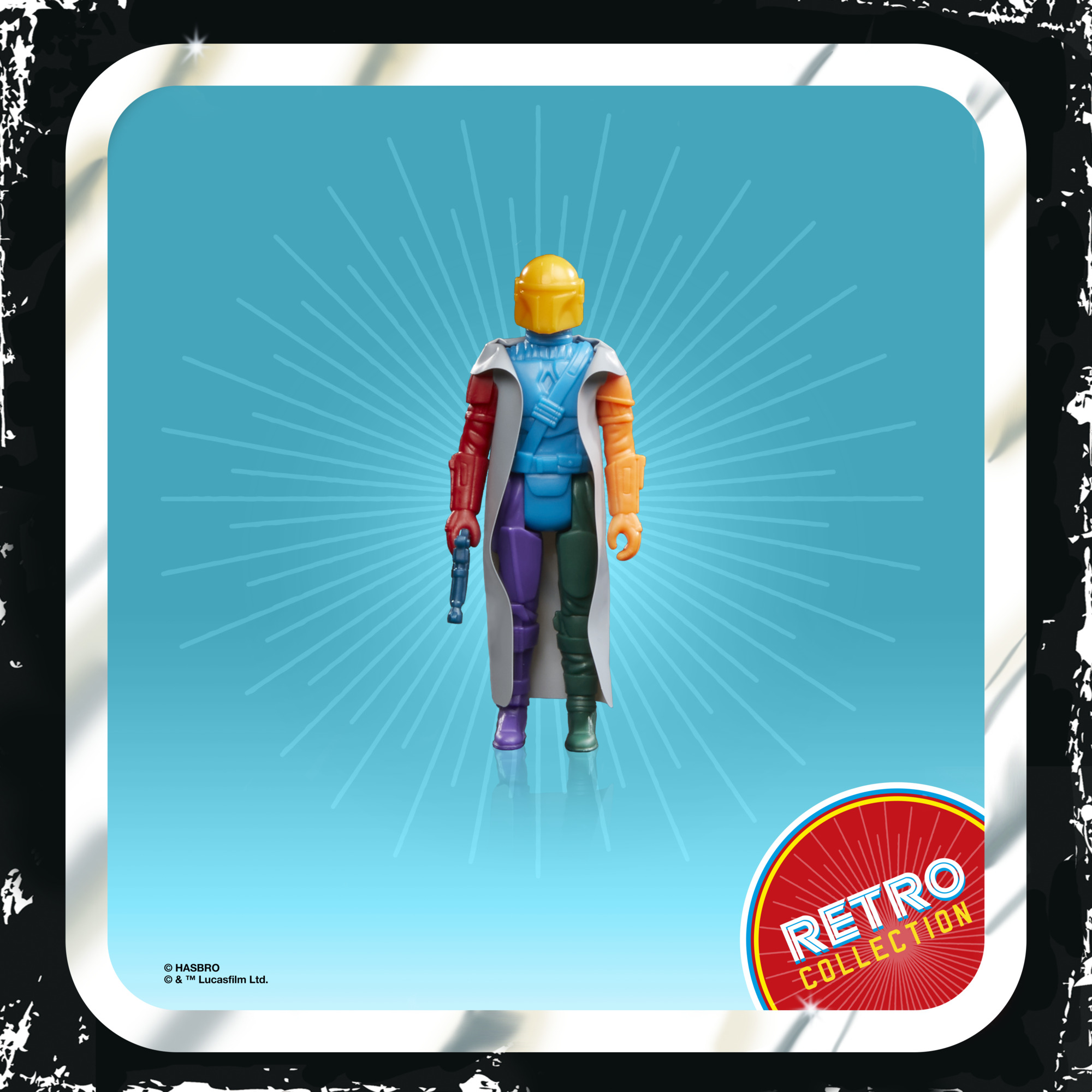 Star Wars Retro Koleksiyon figürü. Mavi, kırmızı, sarı renkli figür. Çerçeveli görüntü, beyaz arka plan.
