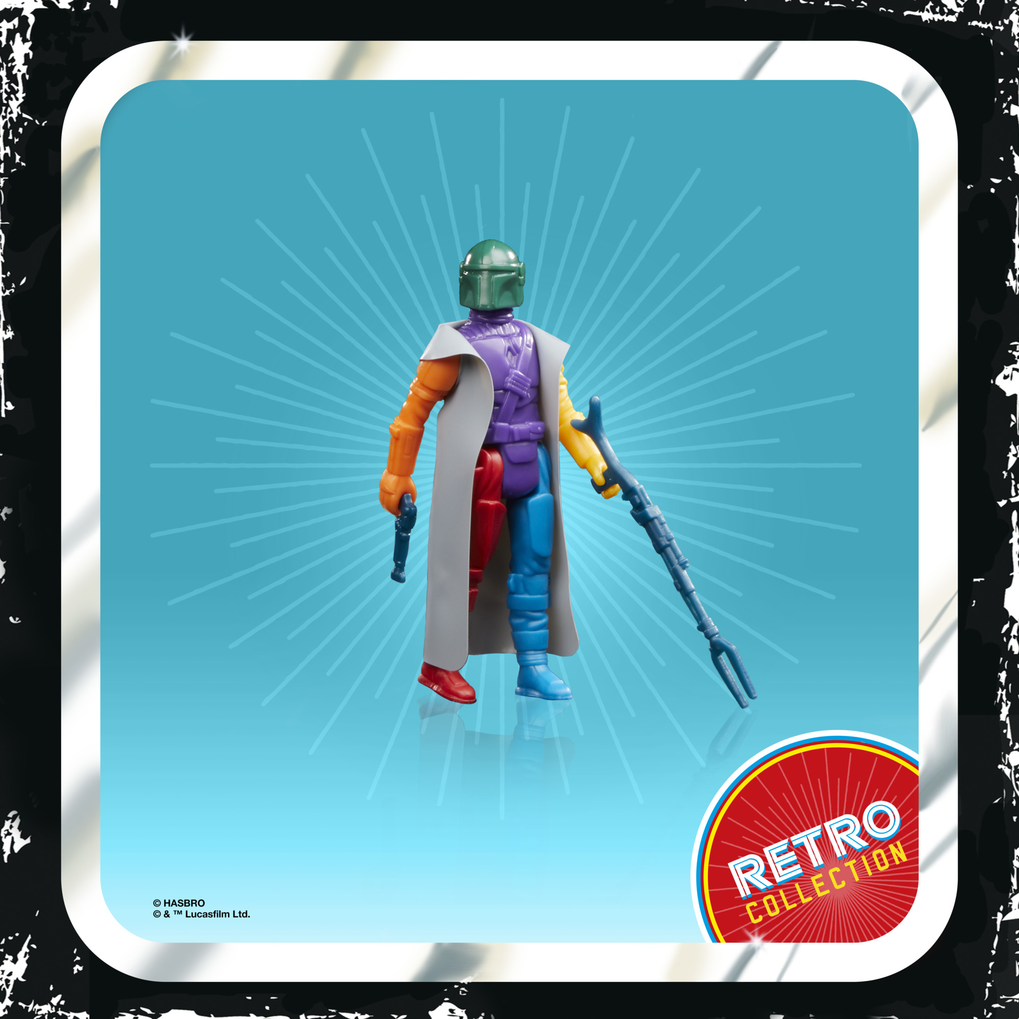 Retro Mandalorian aksiyon figürü retro pakette. Renkli zırh giyiyor, bir silah tutuyor.