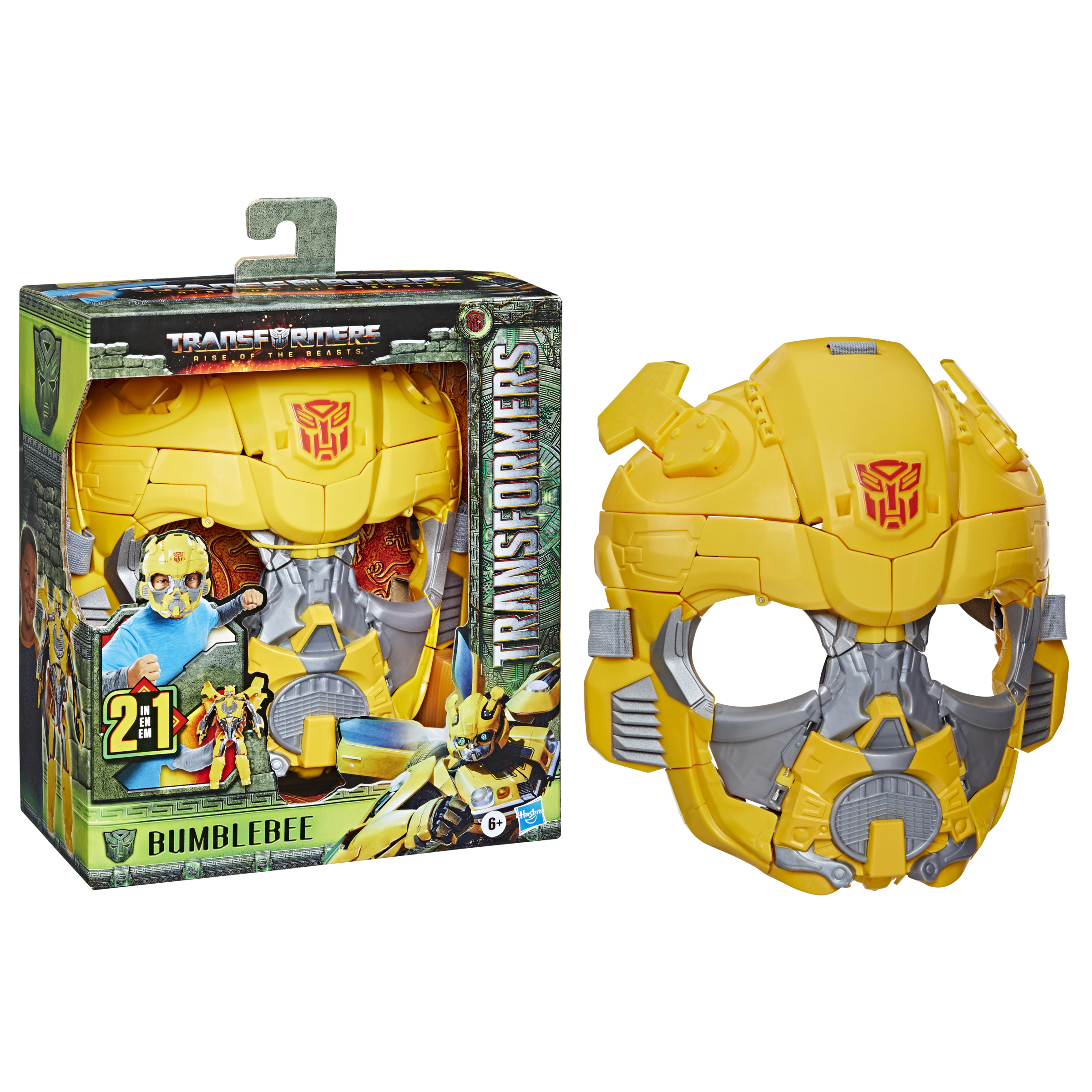 Un juego de juguetes de máscara y armadura de pecho Bumblebee Transformers en una caja, figura de Bumblebee.