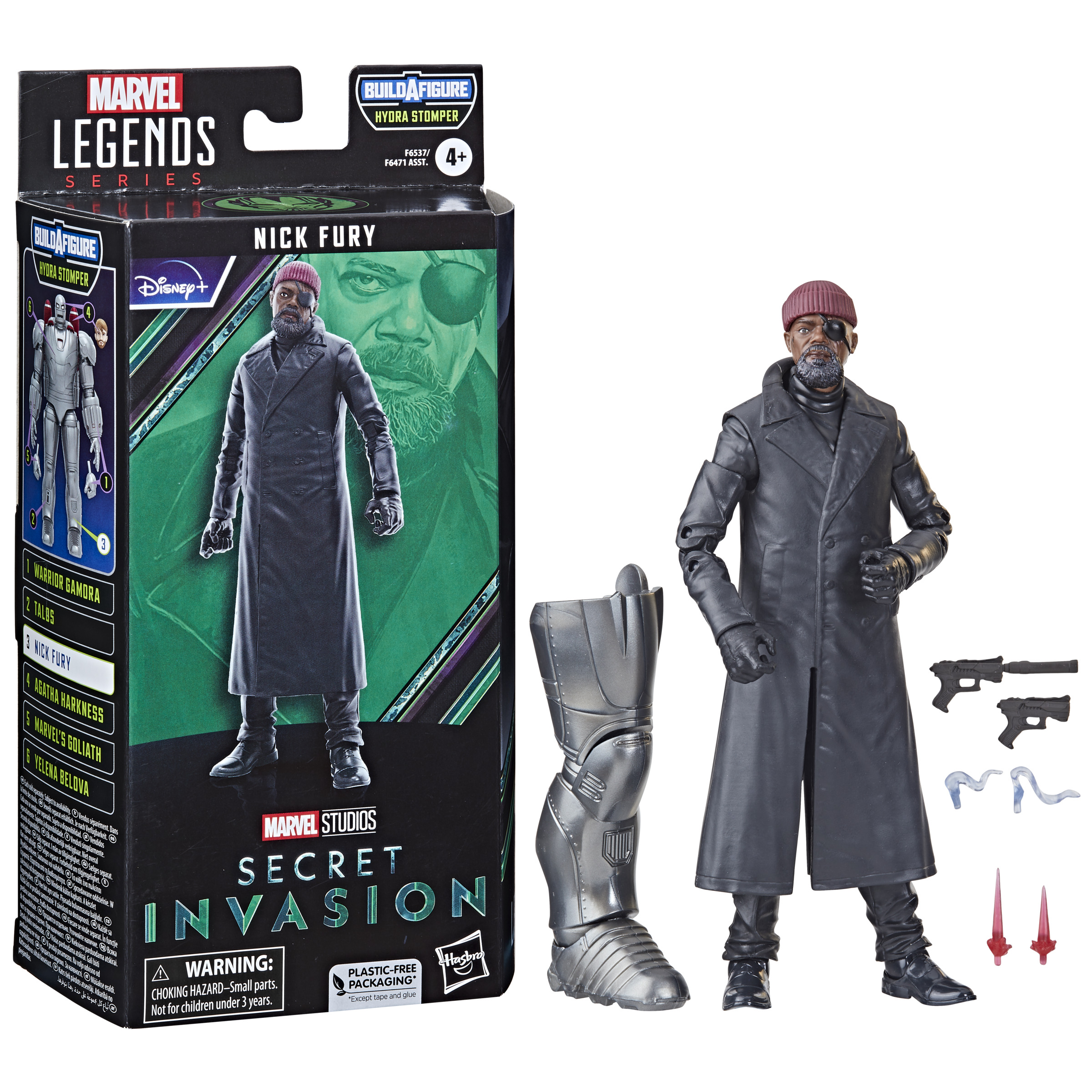 Figura de acción de Nick Fury en caja. La figura lleva un abrigo negro y tiene un parche en el ojo.