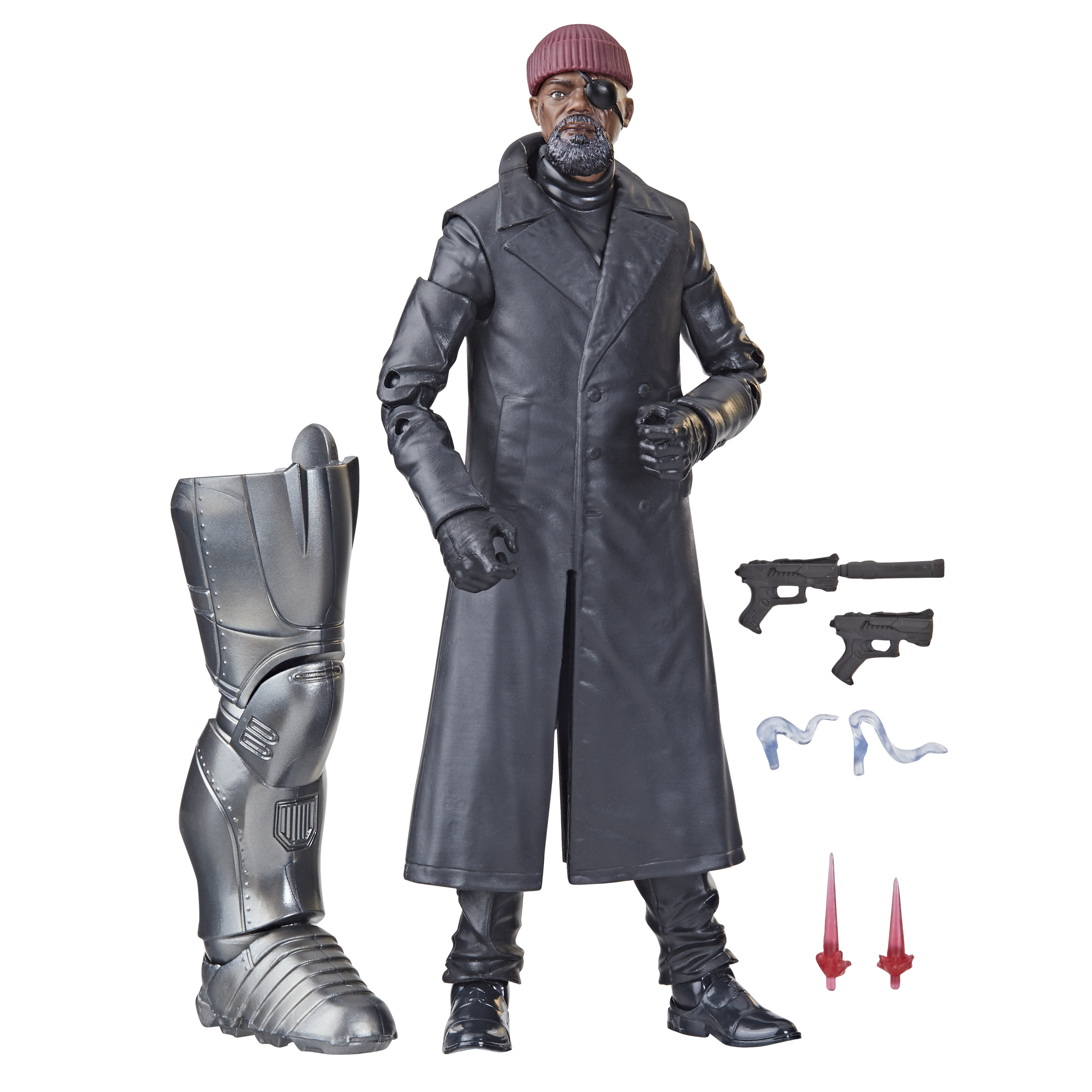 Una figura de acción de Marvel de Nick Fury con abrigo negro, sombrero y parche en el ojo.