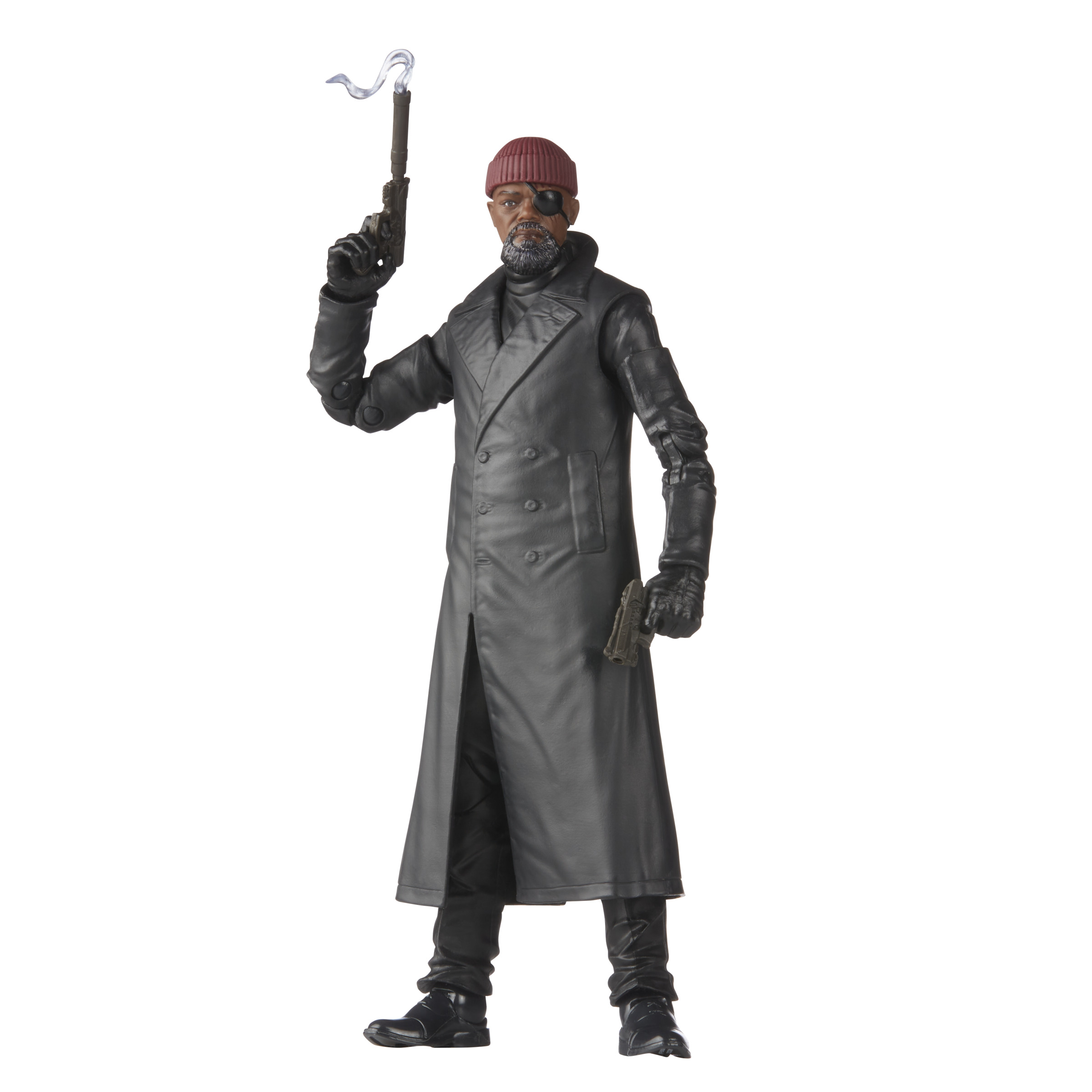 Figura de acción de Nick Fury con gorro rojo, parche en el ojo y sosteniendo una pistola. Lleva un abrigo negro.