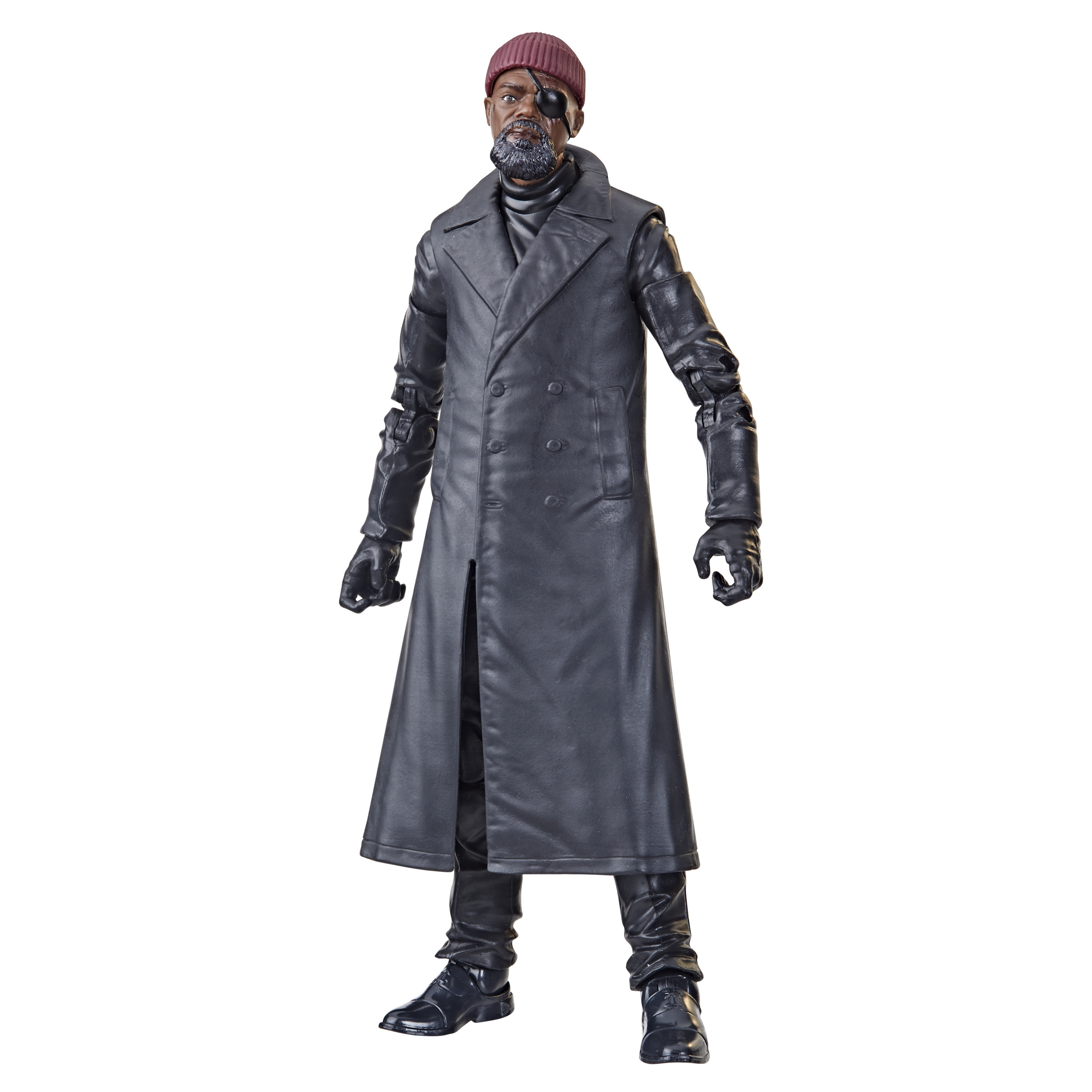 Figura de acción de Nick Fury con abrigo largo negro, sombrero negro y parche en el ojo.