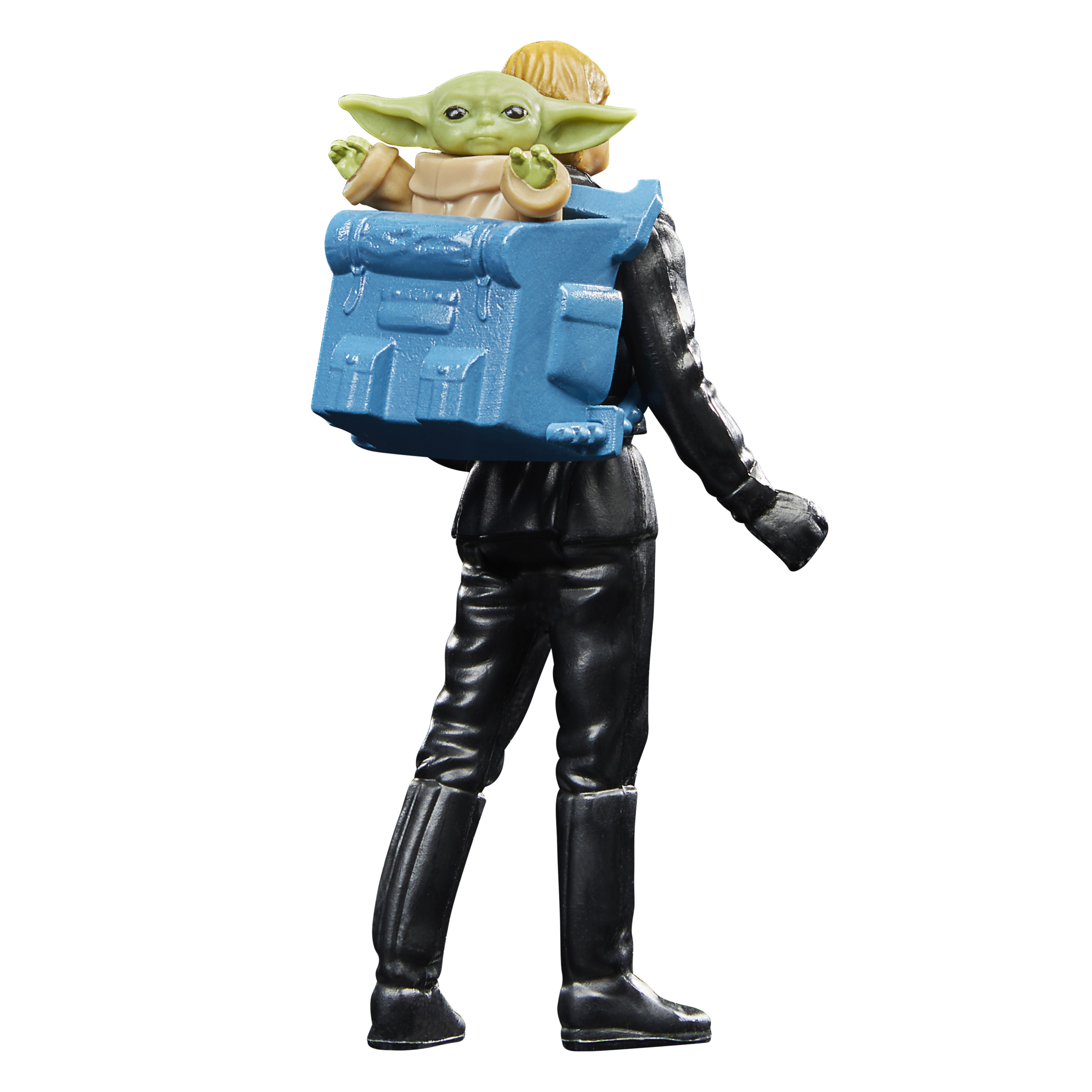Figura de acción de Luke Skywalker con Grogu en la espalda. Luke en negro, Grogu en mochila, fondo blanco.