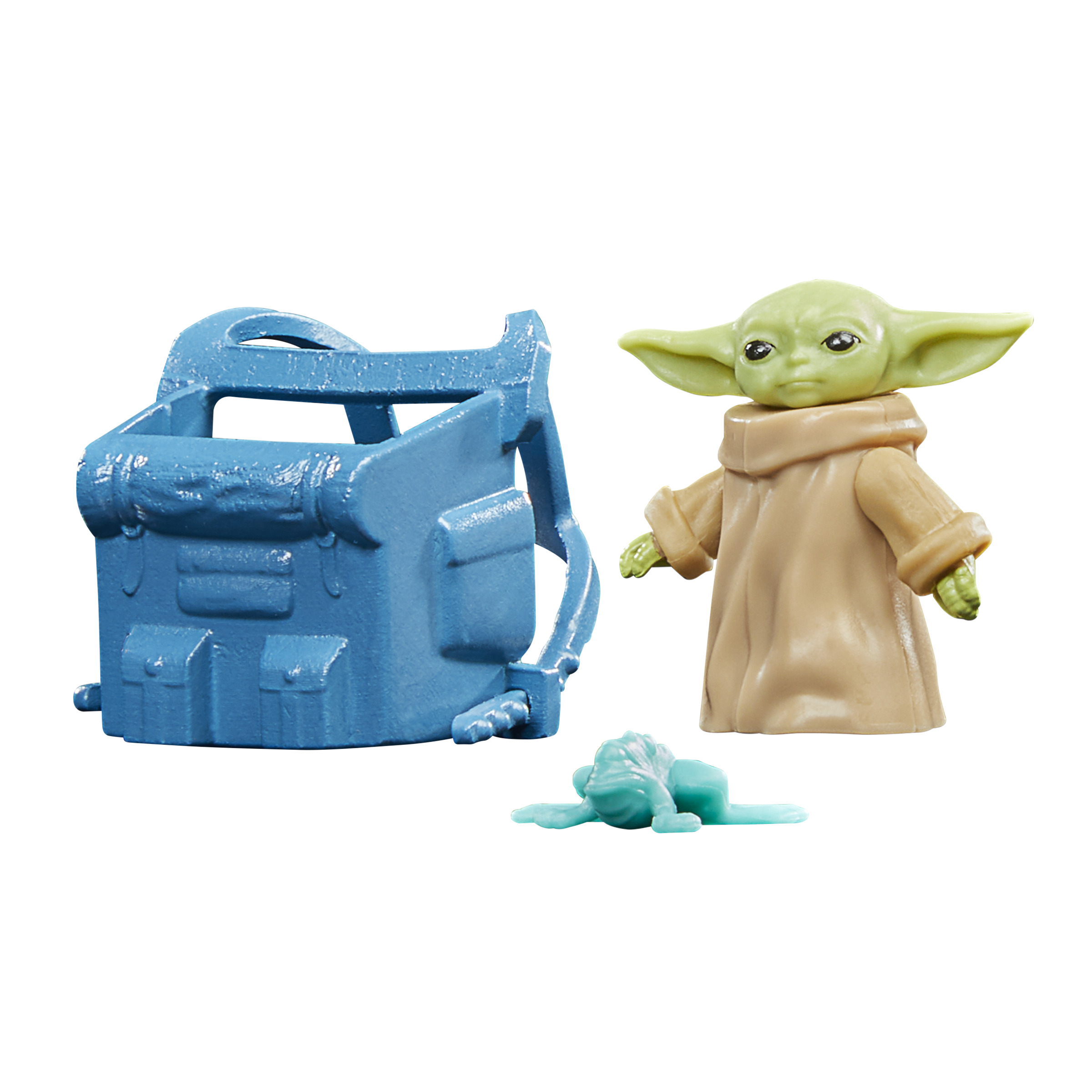 Figura de Grogu con bolsa y charco de goo. Fondo blanco.