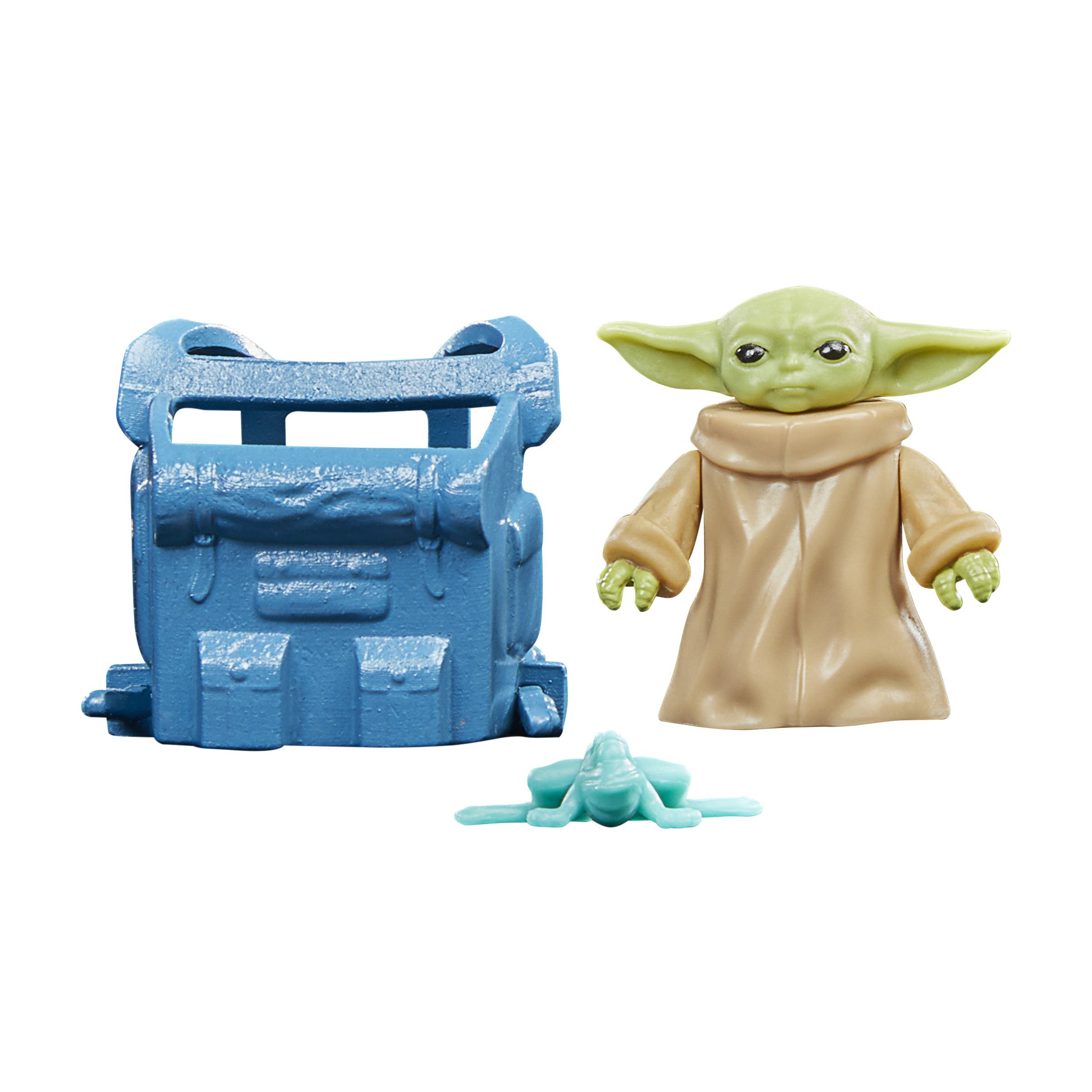 Una figura de Grogu con una mochila azul y una rana azul, junto a una caja azul.