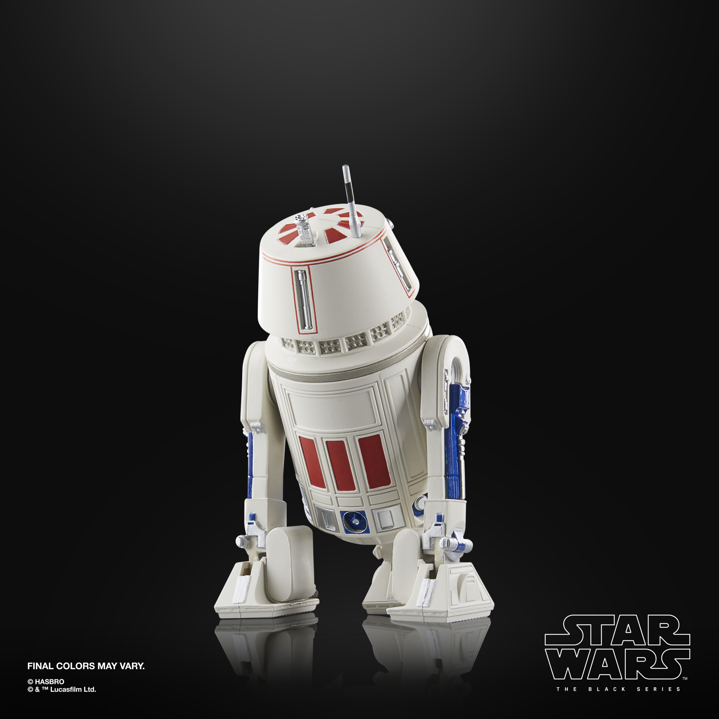 Figurka Star Wars R2-D2. Biało-niebieski robot z czerwonymi detalami. Czarne tło.