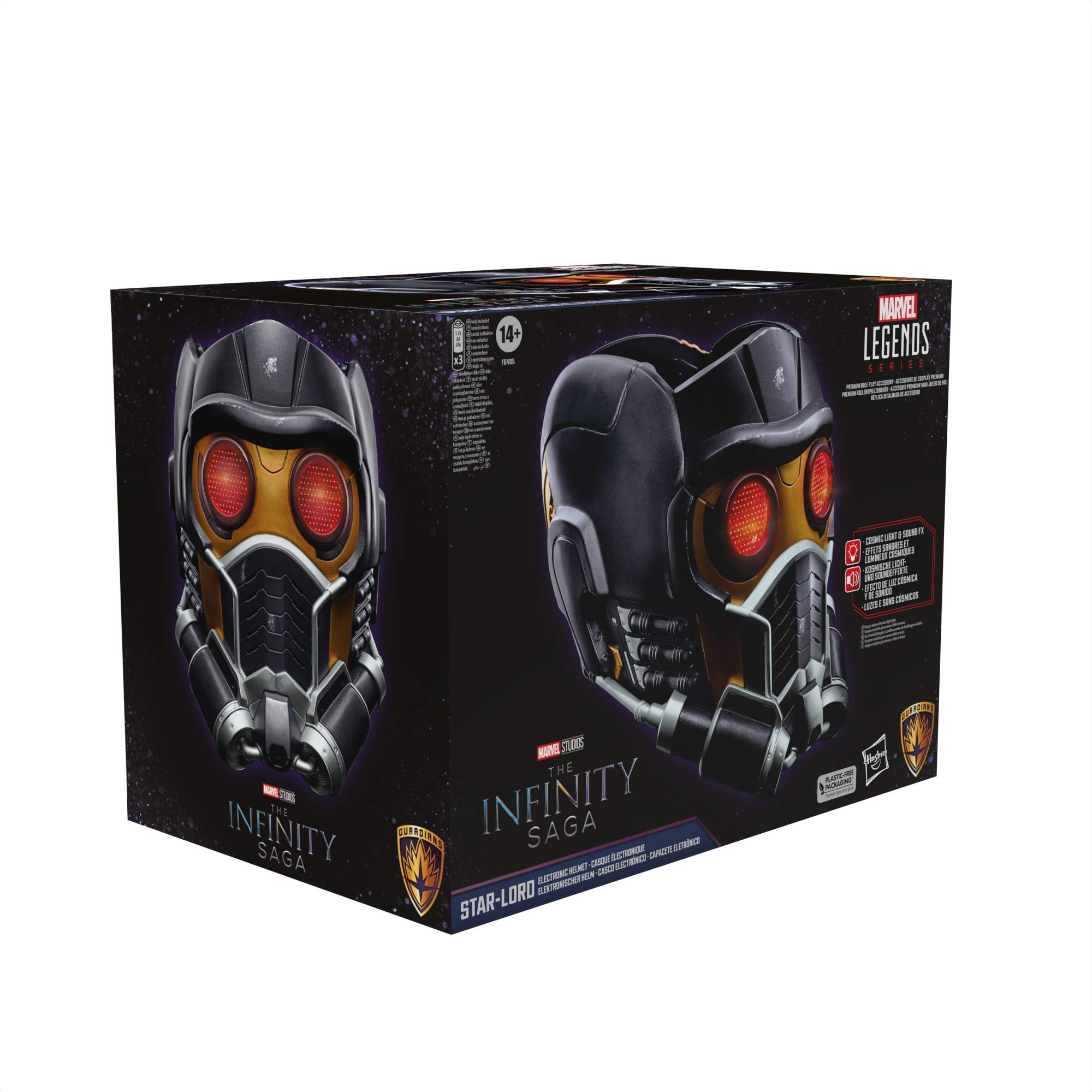 Caja para un casco de Star-Lord. Tiene un diseño negro y dorado con el logotipo de Marvel Legends.