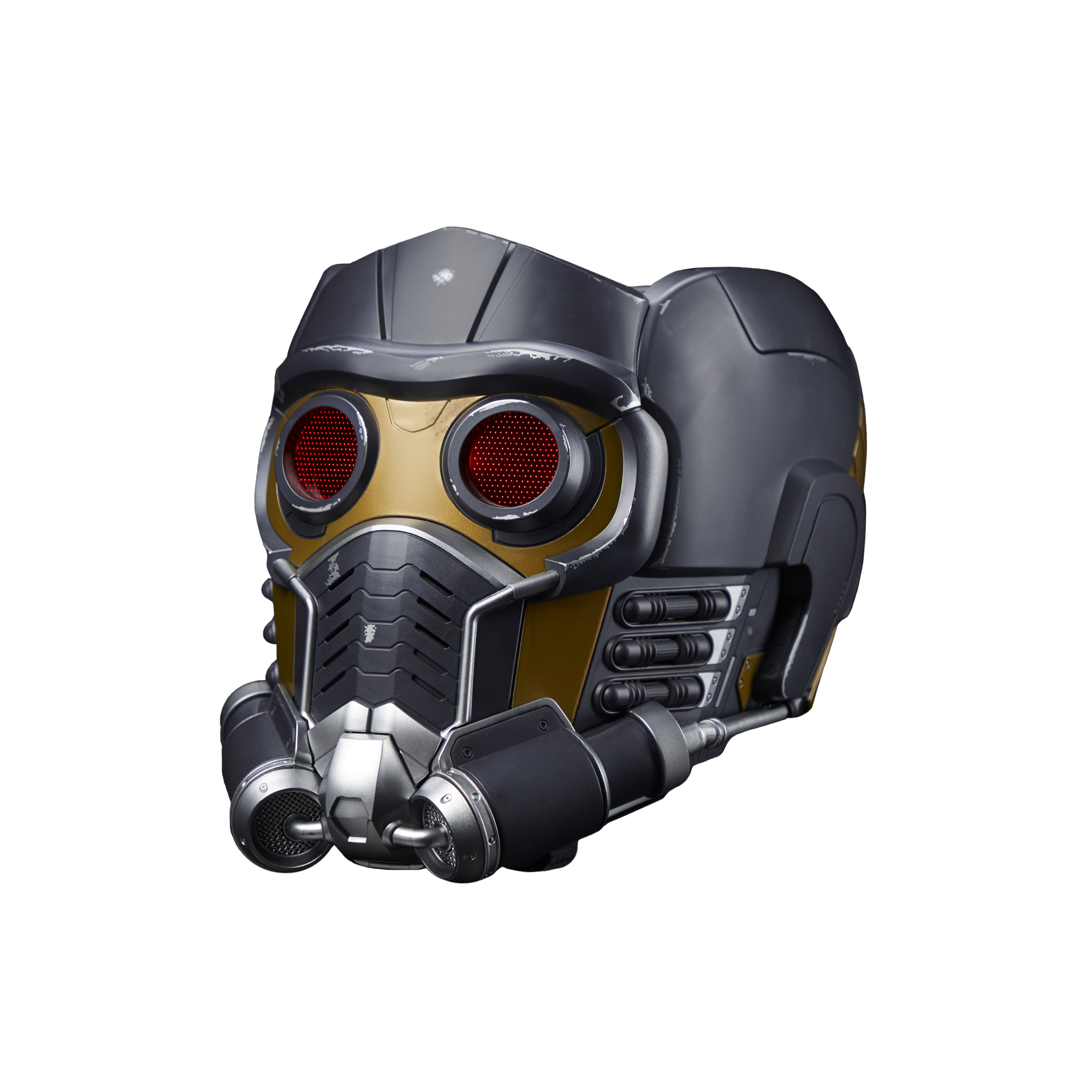 Un casco de Star-Lord. Es negro, dorado y gris con lentes rojos y dos filtros de aire.