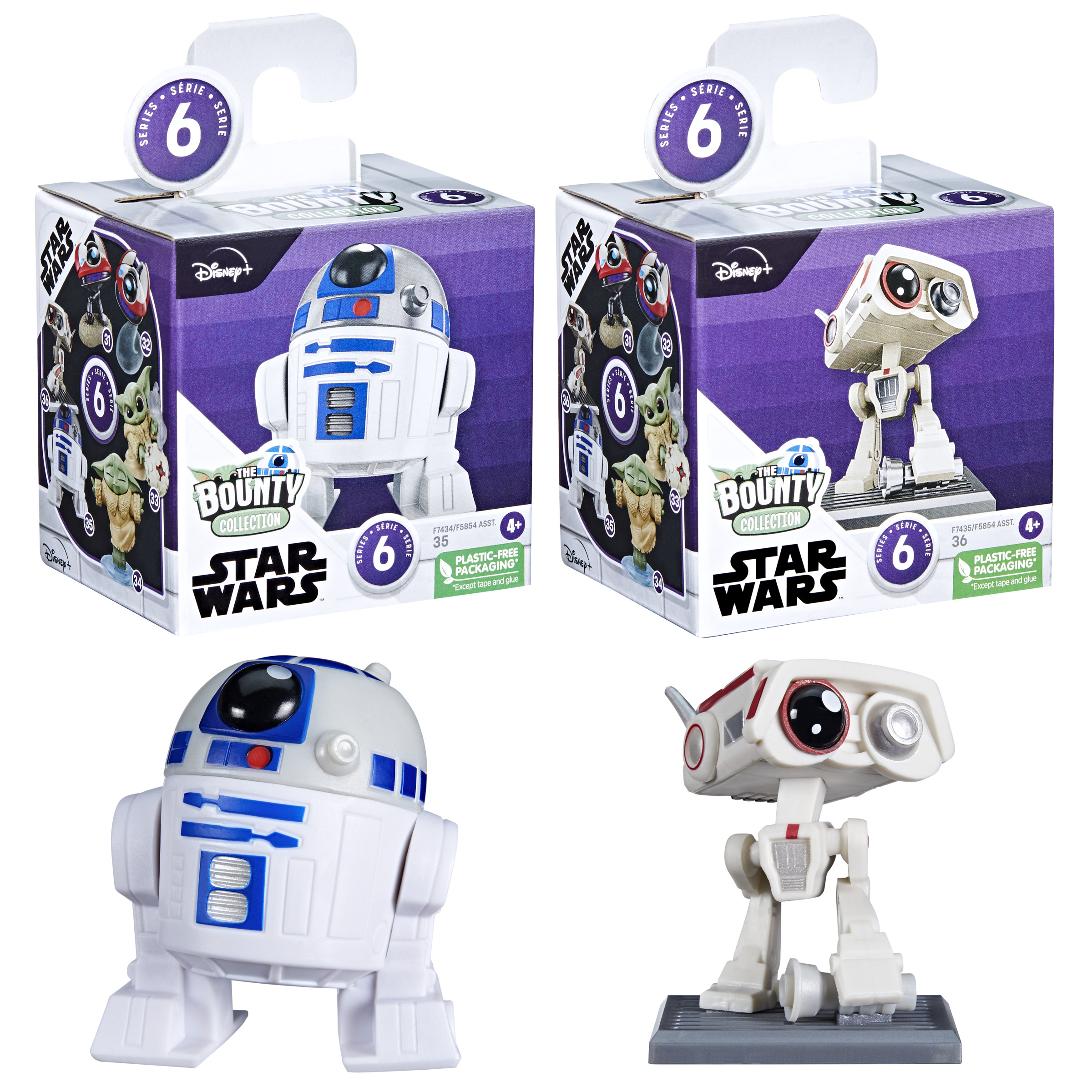 R2-D2 y un juguete robot blanco en cajas. Star Wars Bounty Collection. Fondo blanco.