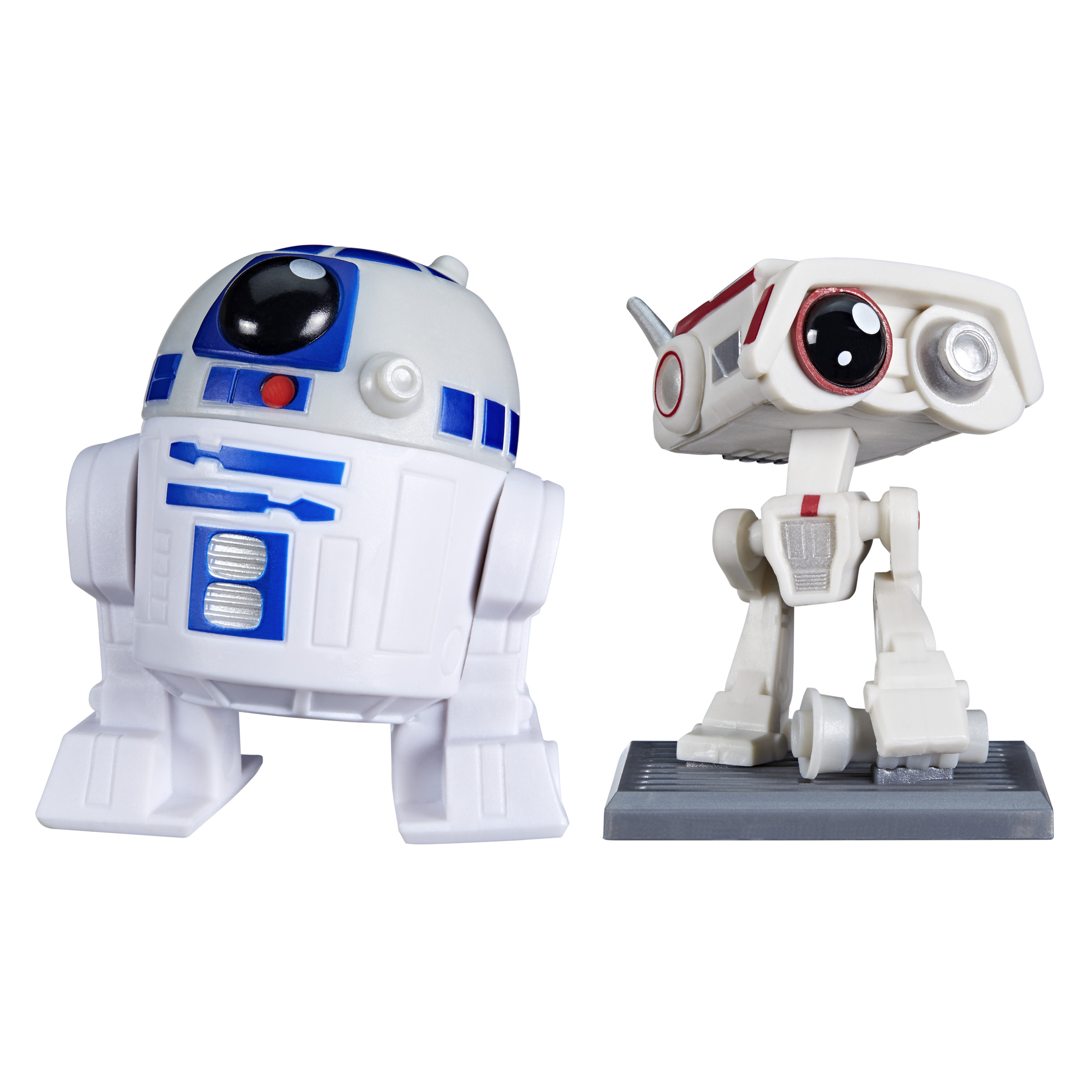 Dos figuras de juguete de Star Wars. R2-D2 es blanco y azul. Un robot blanco con detalles rojos está al lado.