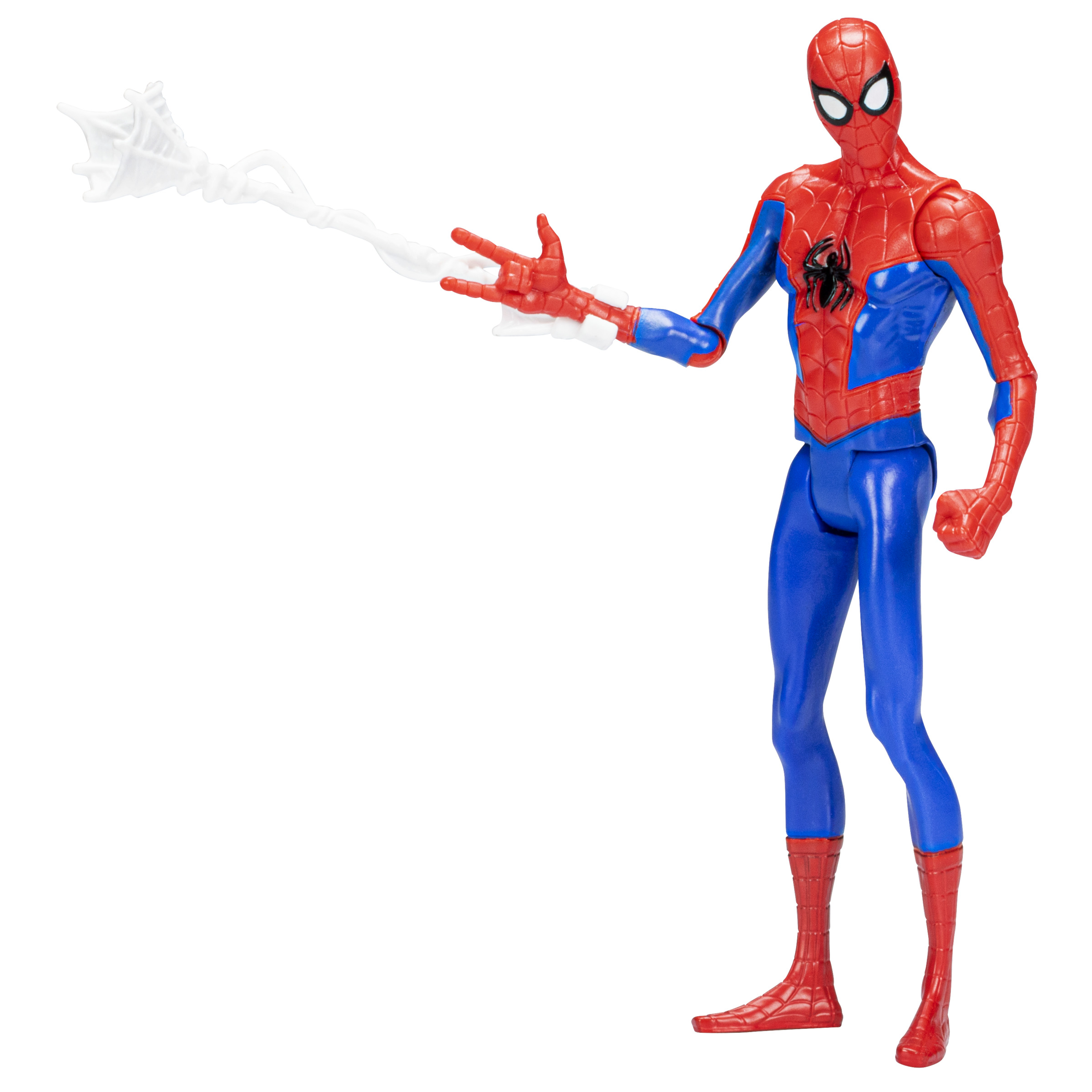 Figurka Spider-Mana w dynamicznej pozie, czerwono-niebieski strój, pajęczyna w dłoni. Białe tło.