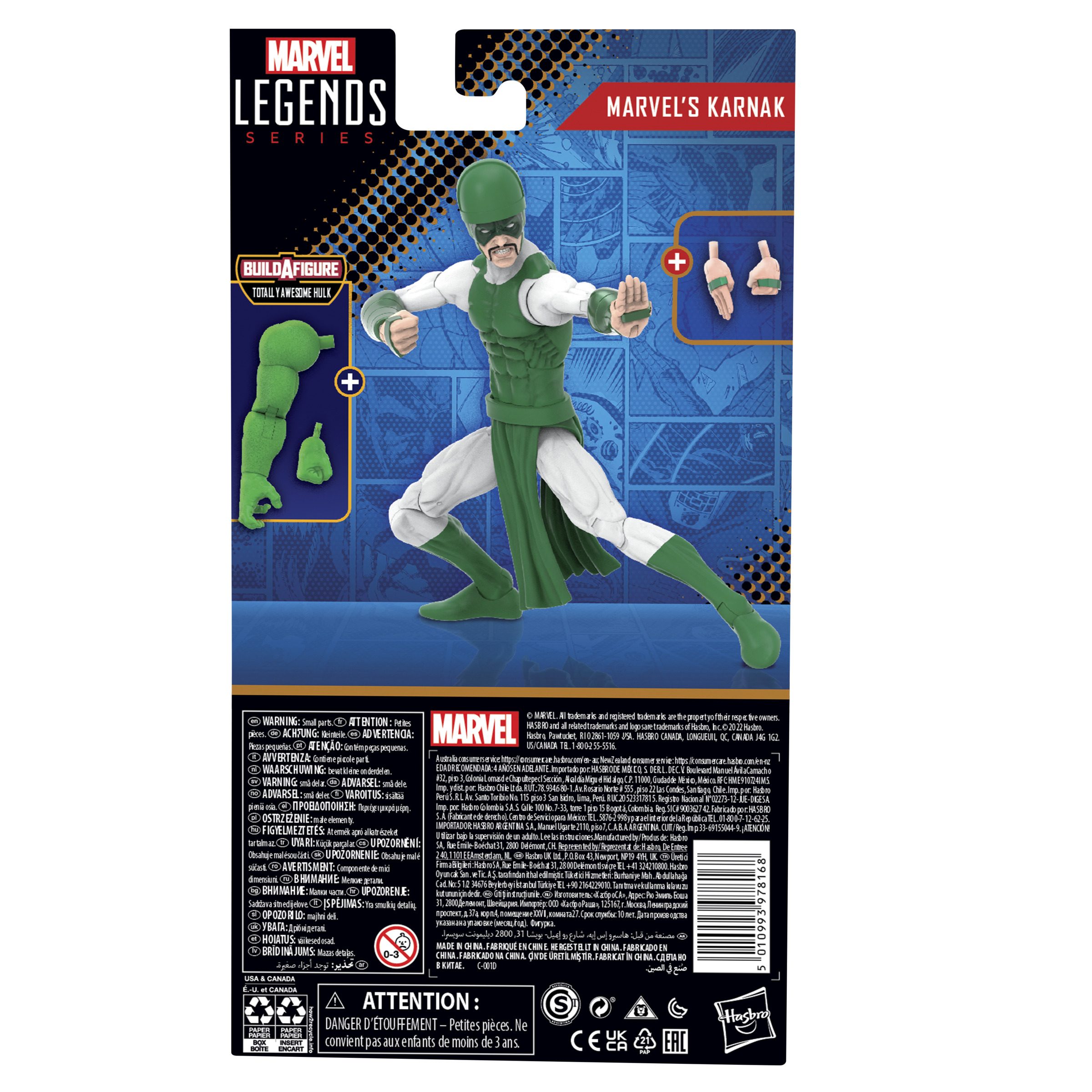 Yeşil bir karakteri gösteren bir Marvel aksiyon figürü paketinin arkası.
