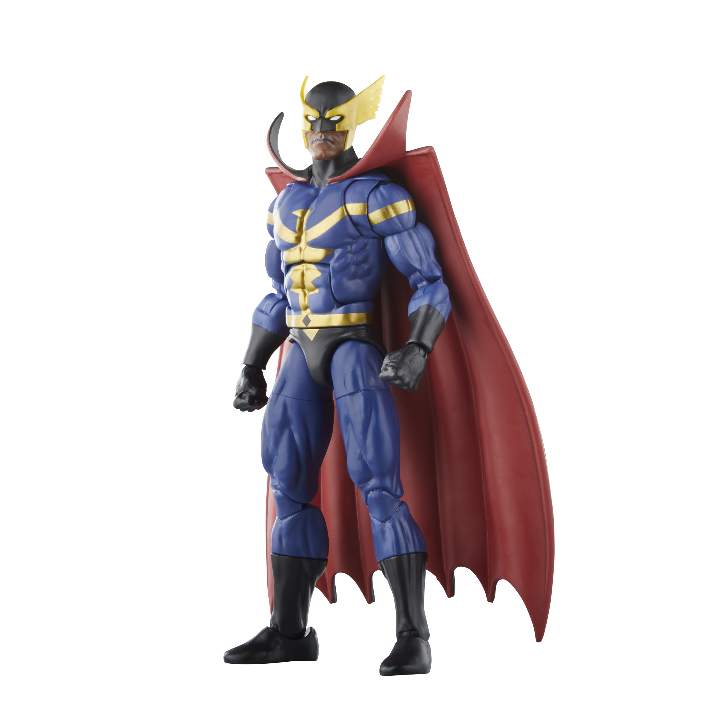 Figura de acción de un superhéroe con traje azul y dorado, capa roja y máscara negra.