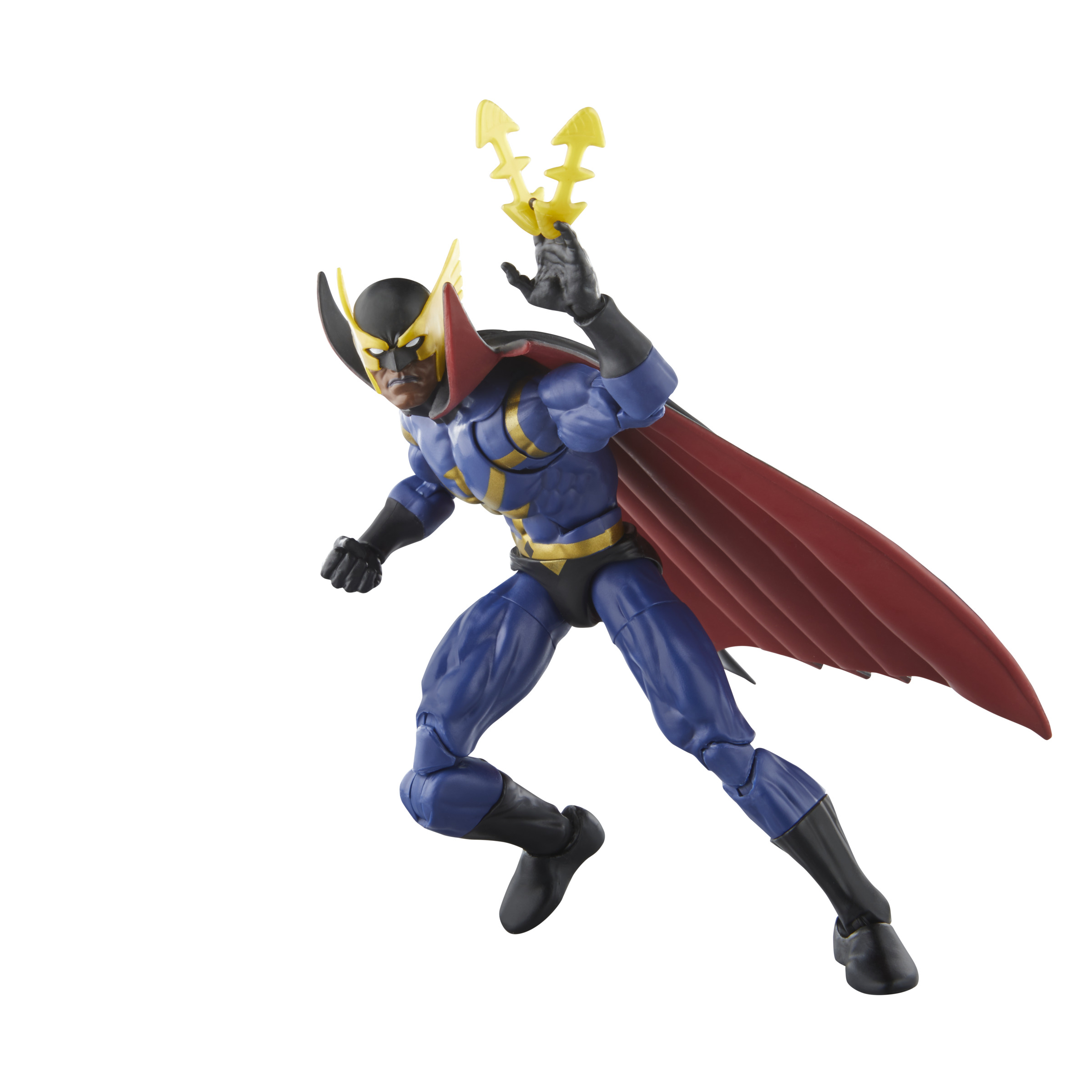 Figura de superhéroe azul y amarillo con capa roja. Sostiene rayos amarillos.