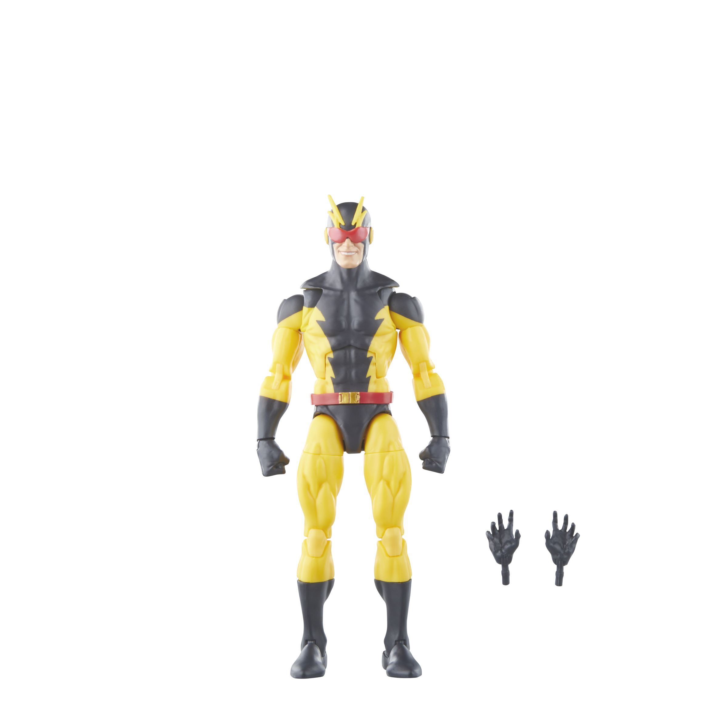 Una figura de superhéroe con traje amarillo y negro, con dos manos extra.