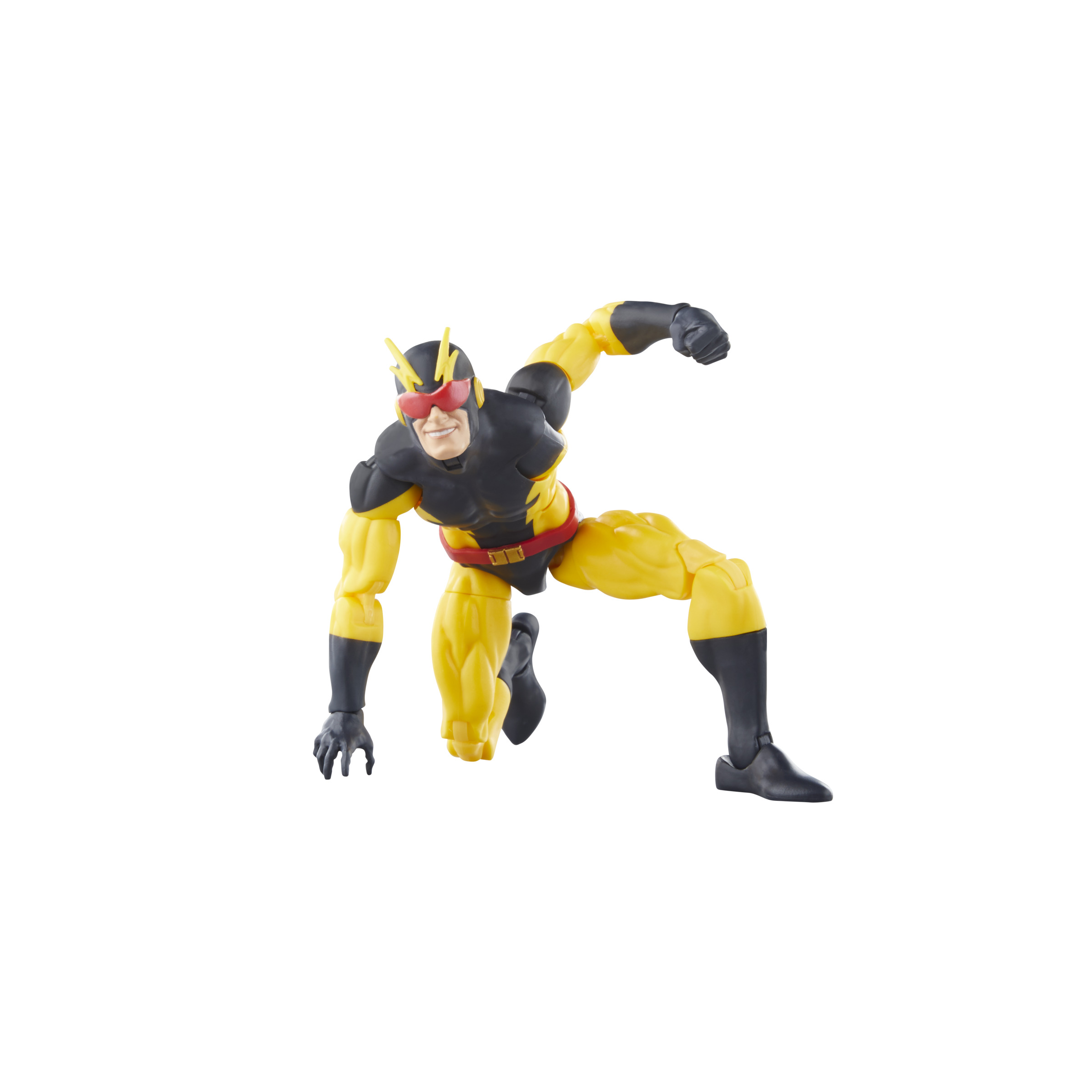 Figura de acción amarilla y negra en pose agachada. Gafas rojas y un cinturón negro.