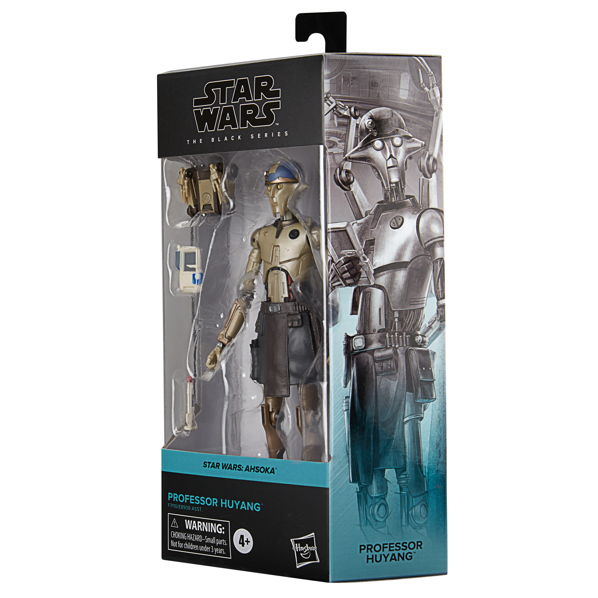 Una caja de juguetes de una figura de droide de Star Wars. La figura es dorada y negra. La caja tiene un frente transparente.