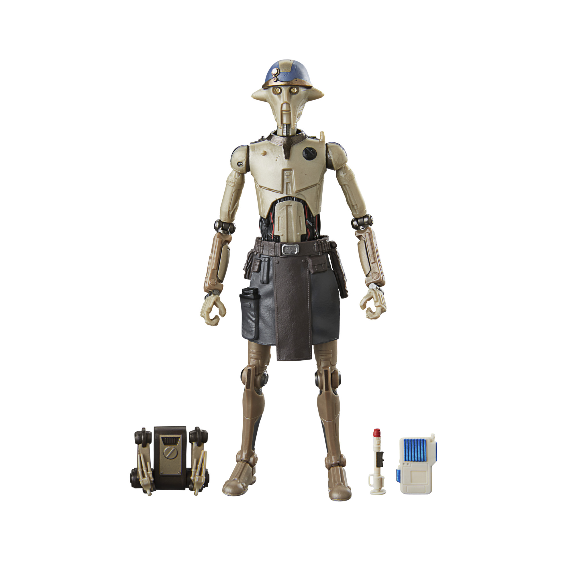 Figura de acción de droide, marrón y beige, con accesorios. Aislado sobre fondo blanco.