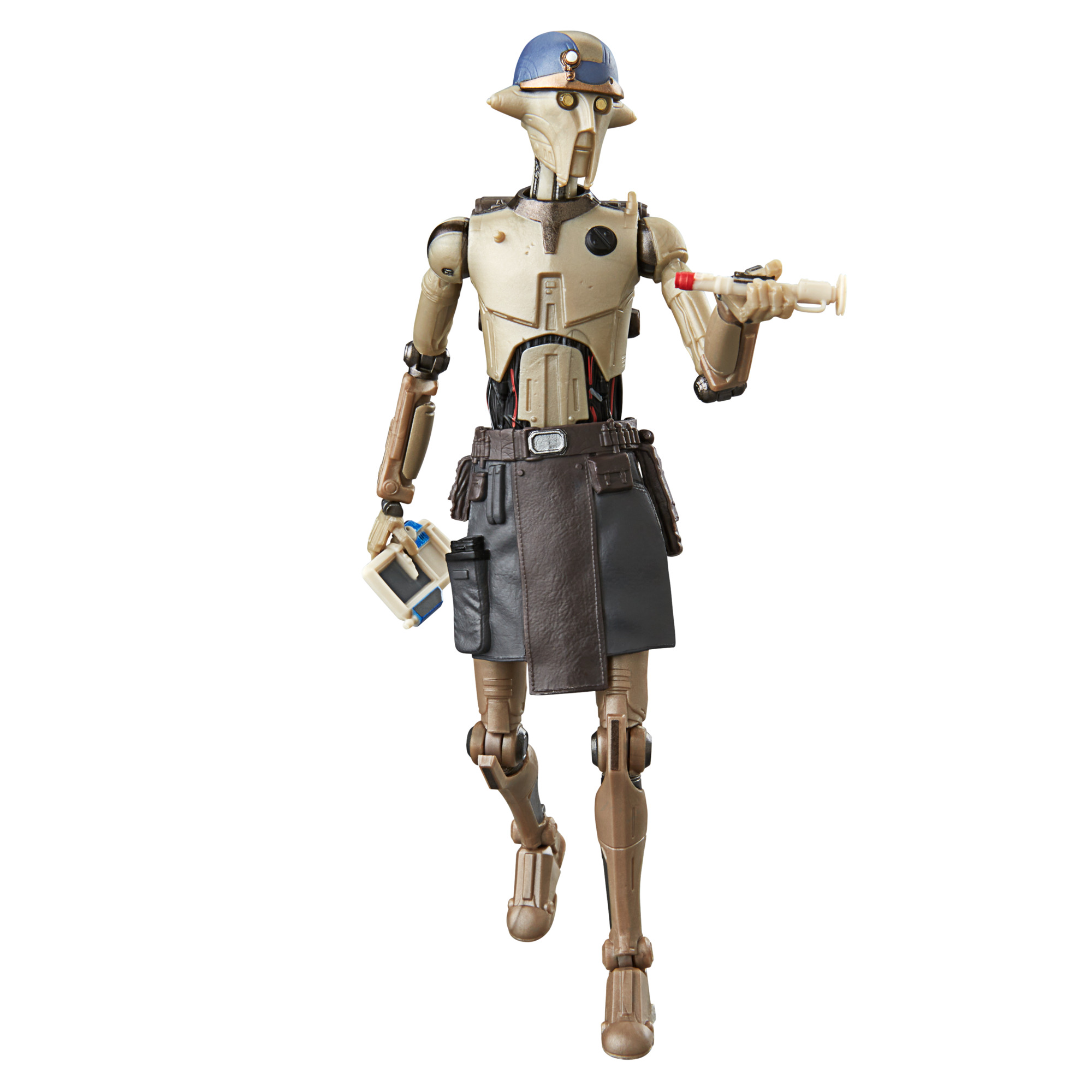 Una figura de droide, cuerpo color beige, casco azul, sosteniendo herramientas médicas, sobre fondo blanco.