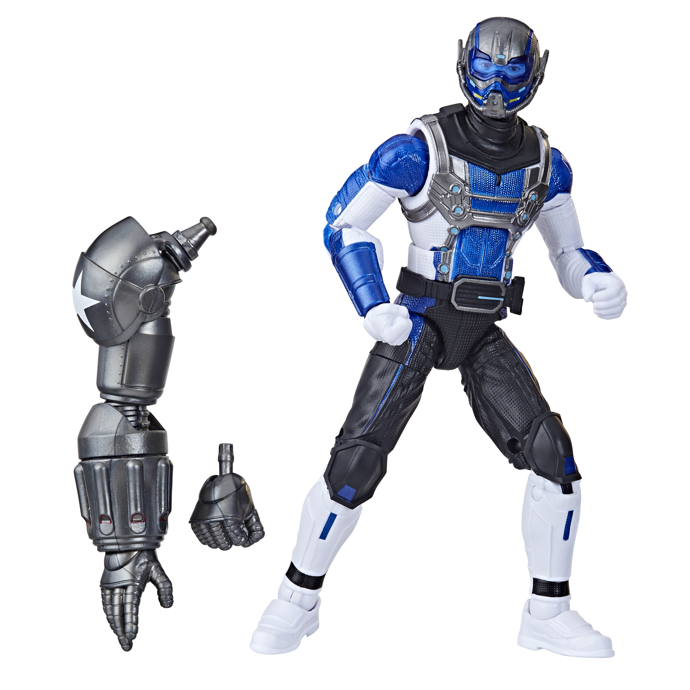 Niebiesko-biała figurka akcji przypominająca robota z metalowym ramieniem.