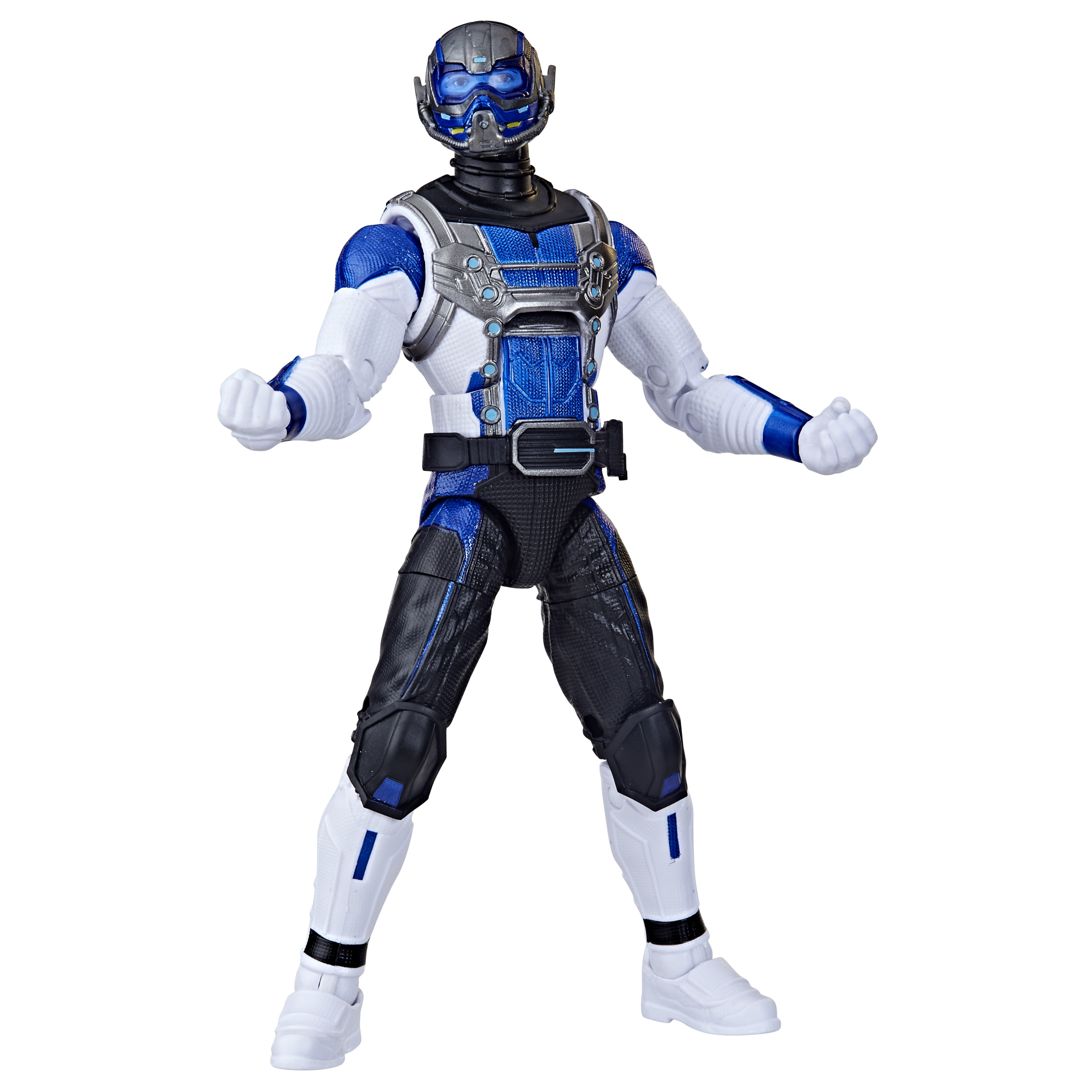 Figurka w niebieskim, białym i czarnym kombinezonie. Ma kask i pozuje. Tło jest białe.