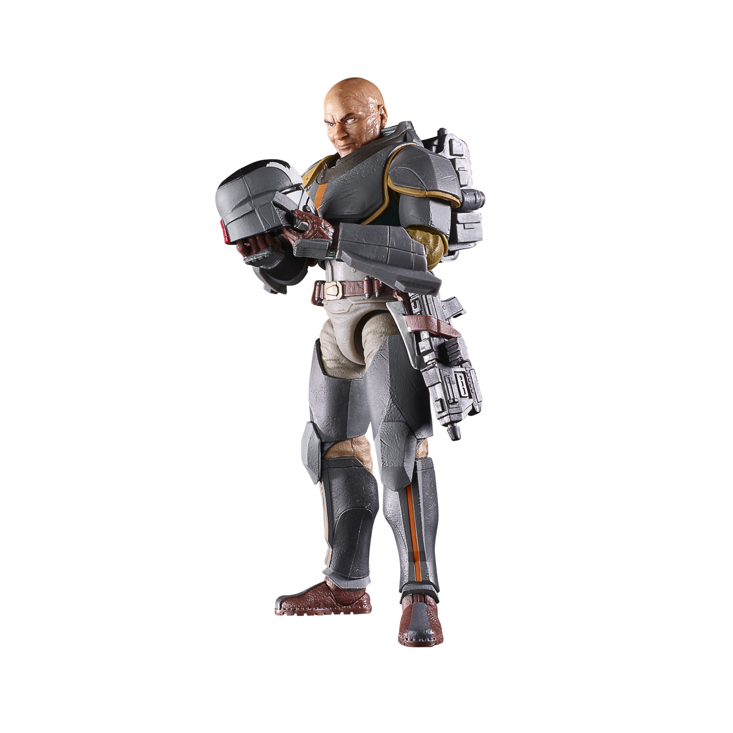 Una figura de acción de Boba Fett, con armadura gris y sosteniendo su casco.