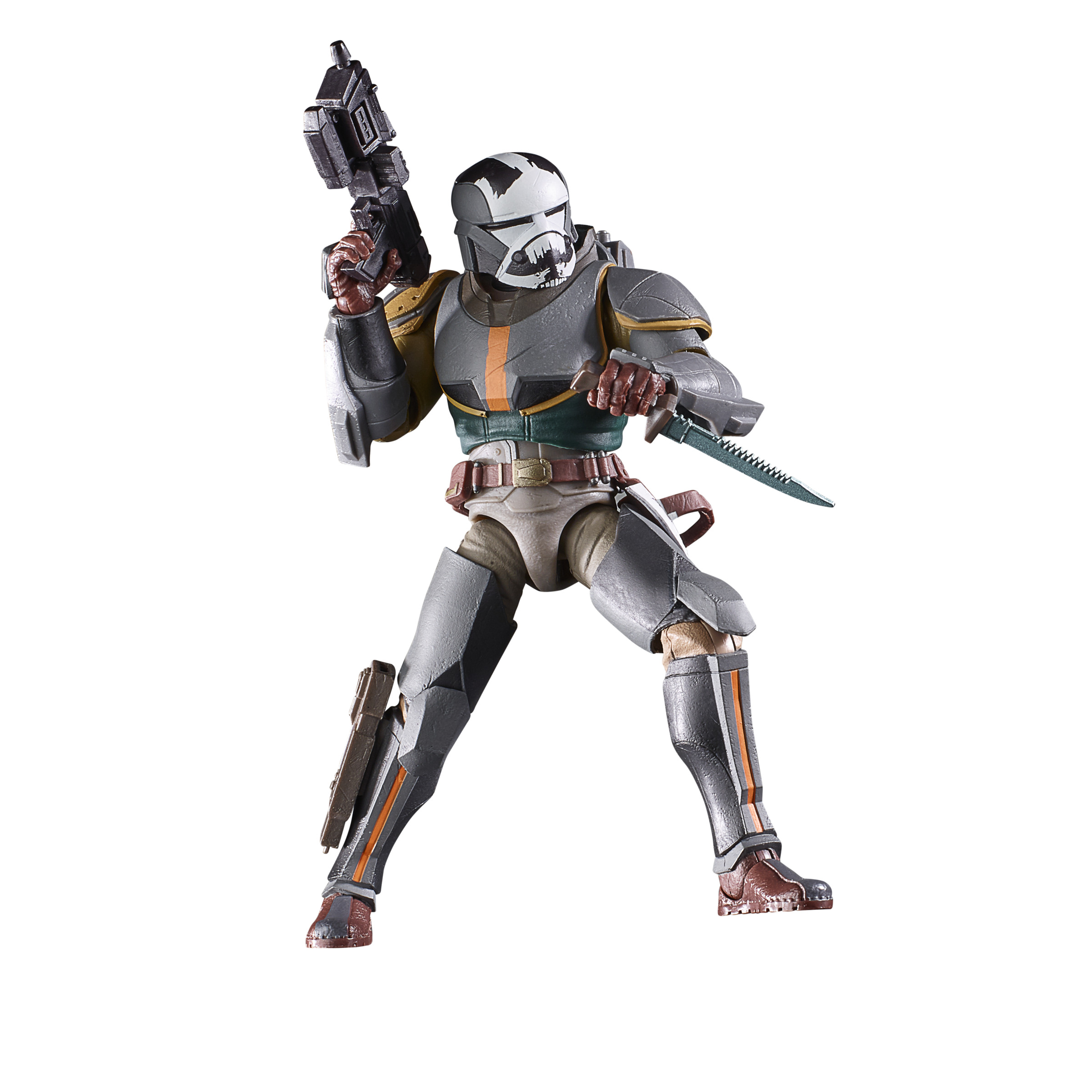 Una figura de Star Wars, armadura gris y naranja, sostiene un arma y un cuchillo. Fondo blanco.