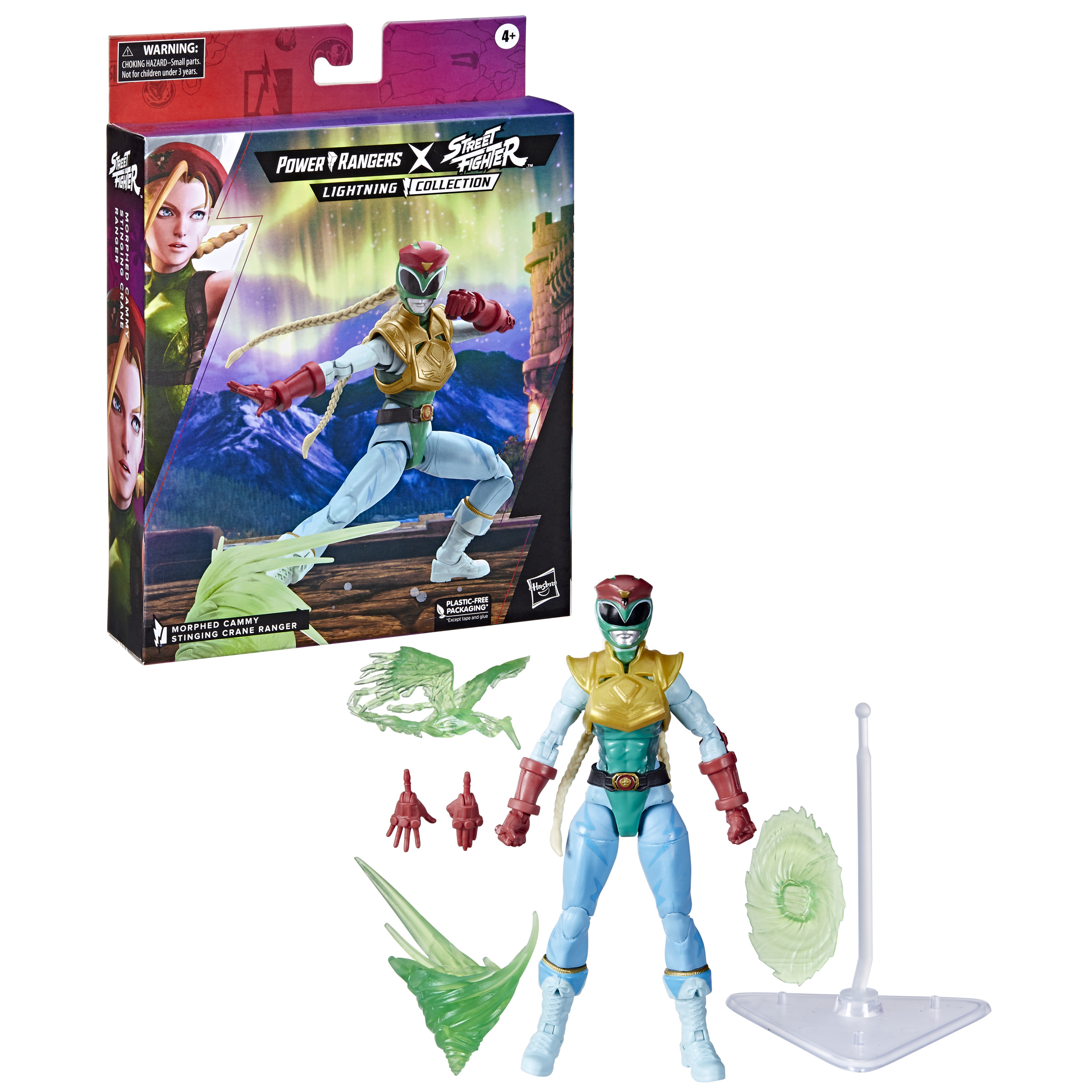 Figura de Power Rangers con traje verde, amarillo, rojo y largas trenzas rubias.