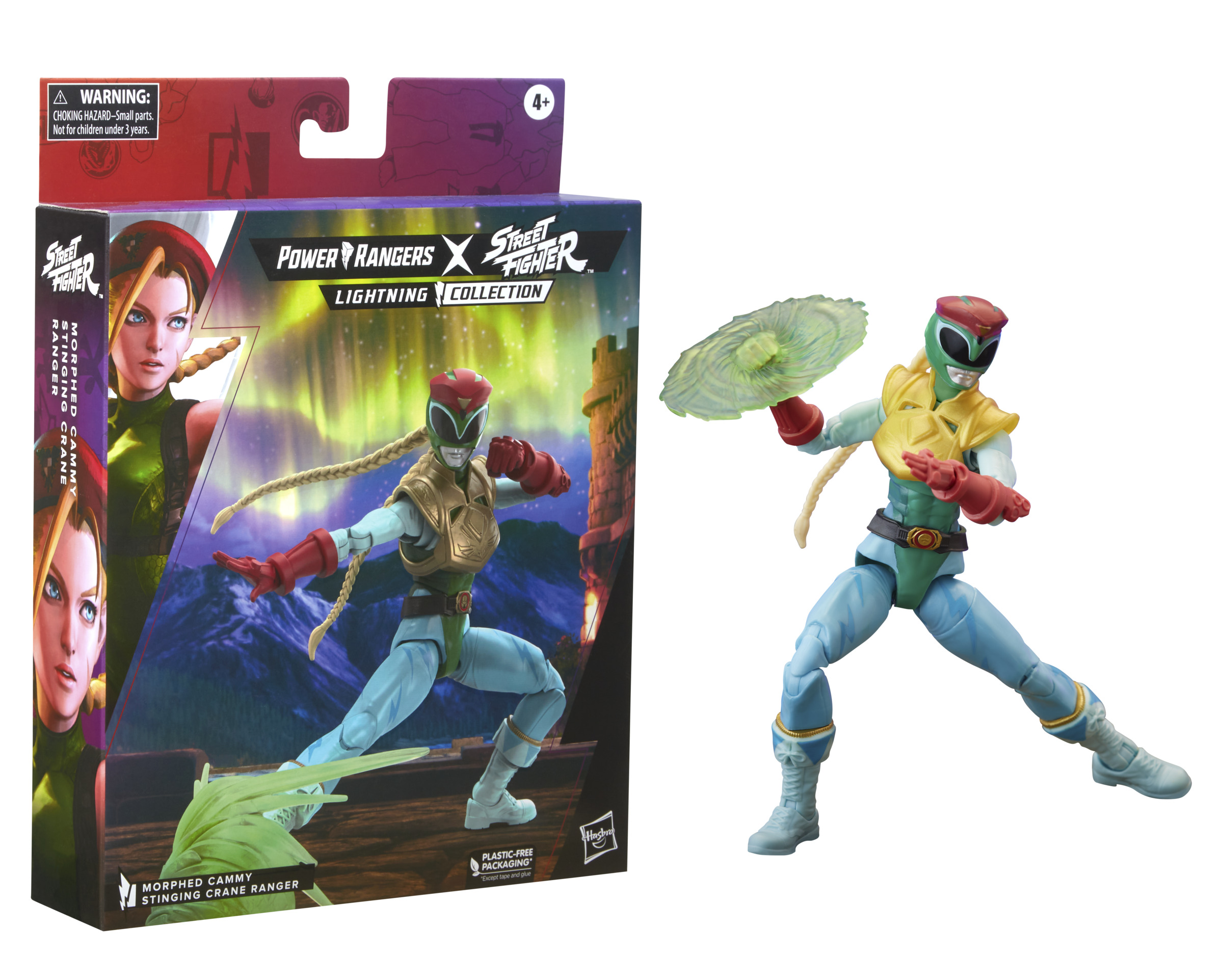 Set de caja y figura Power Rangers x Street Fighter. La figura está en pose de acción, sosteniendo un disco de energía verde.