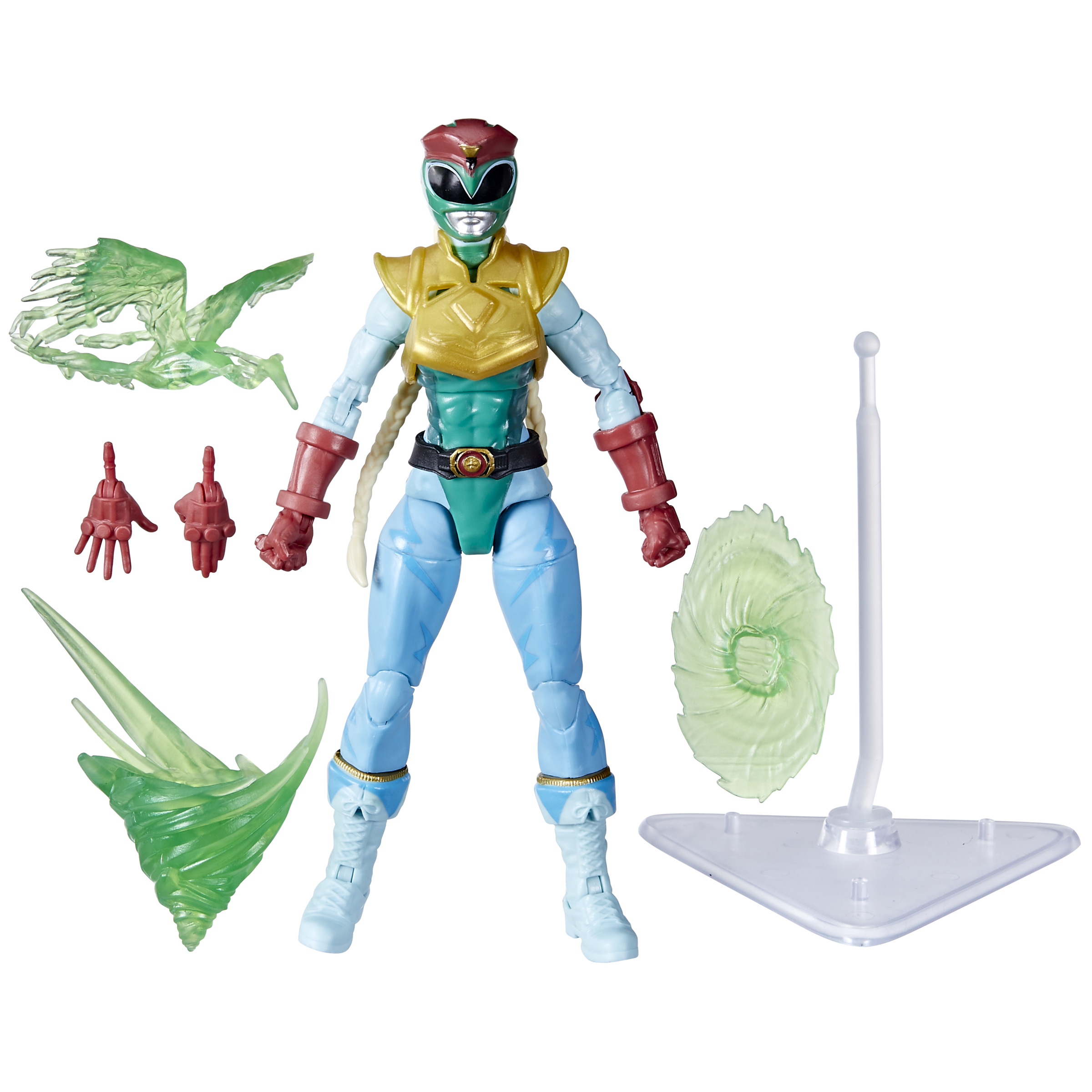 Figura de Power Ranger en colores azul, dorado y verde. Incluye accesorios y soporte. Fondo blanco.